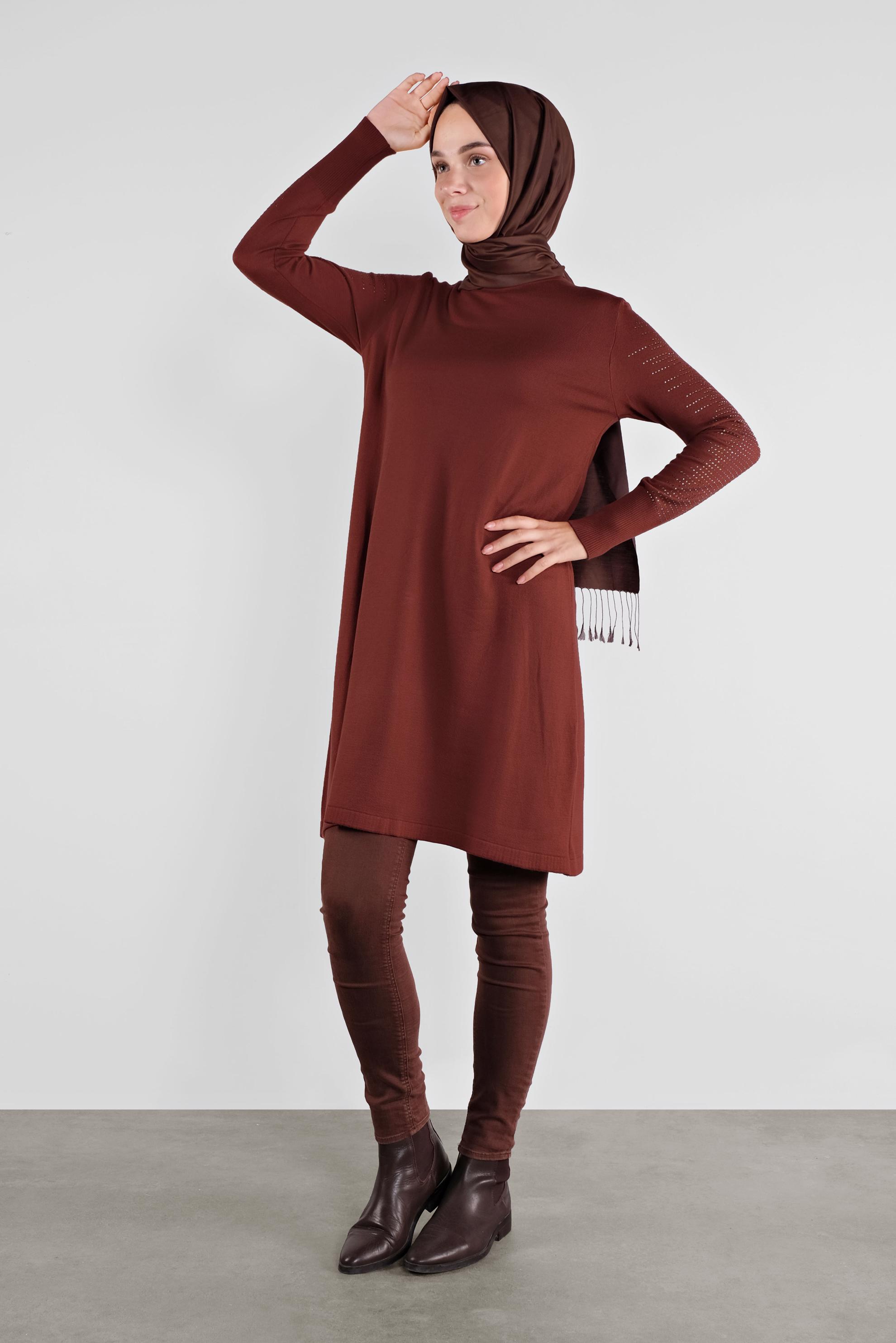 Tesettür giyim TURUNCU KOLLARI TAŞ BASKILI TRİKO TUNİK 41009 