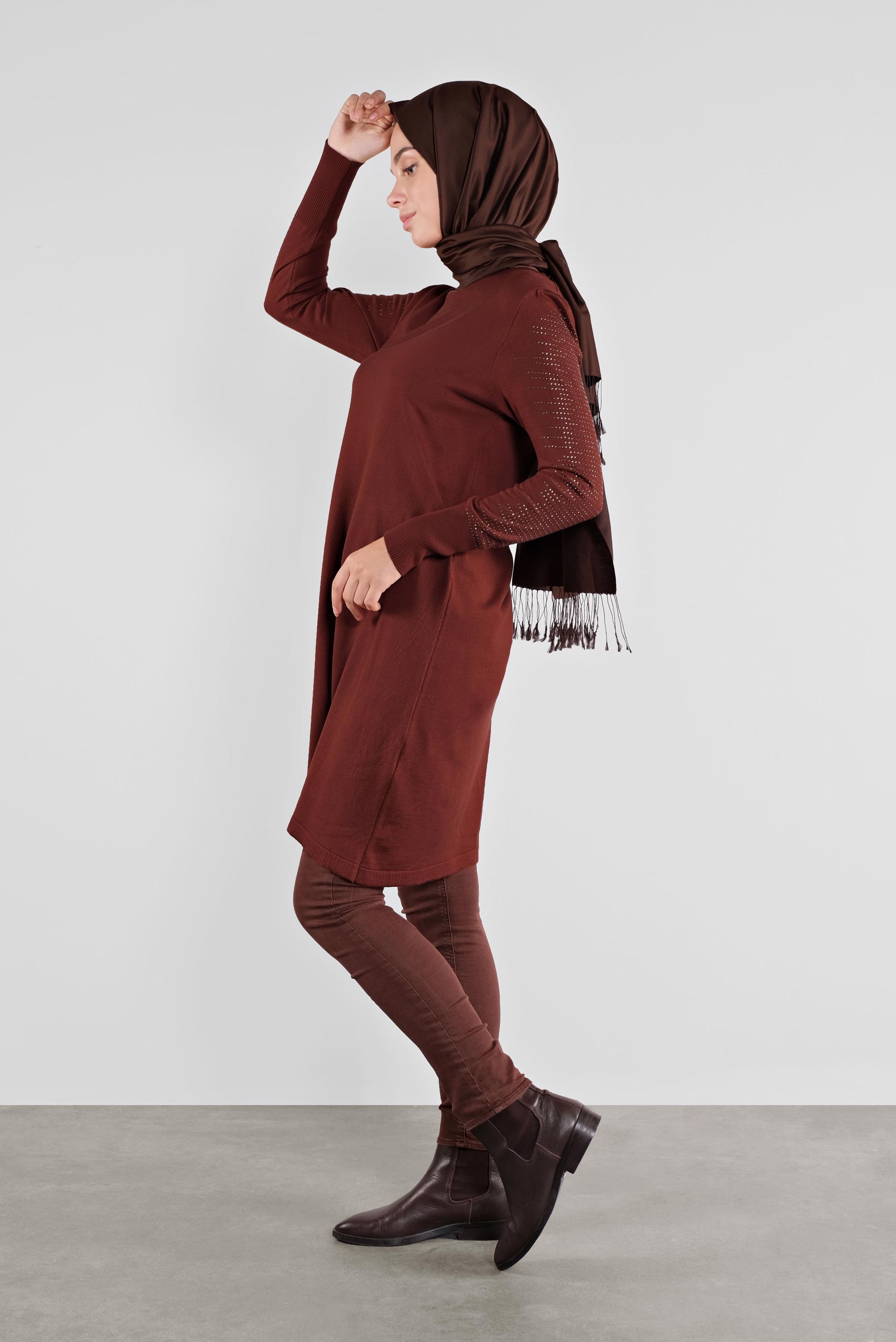 Tesettür giyim TURUNCU KOLLARI TAŞ BASKILI TRİKO TUNİK 41009 