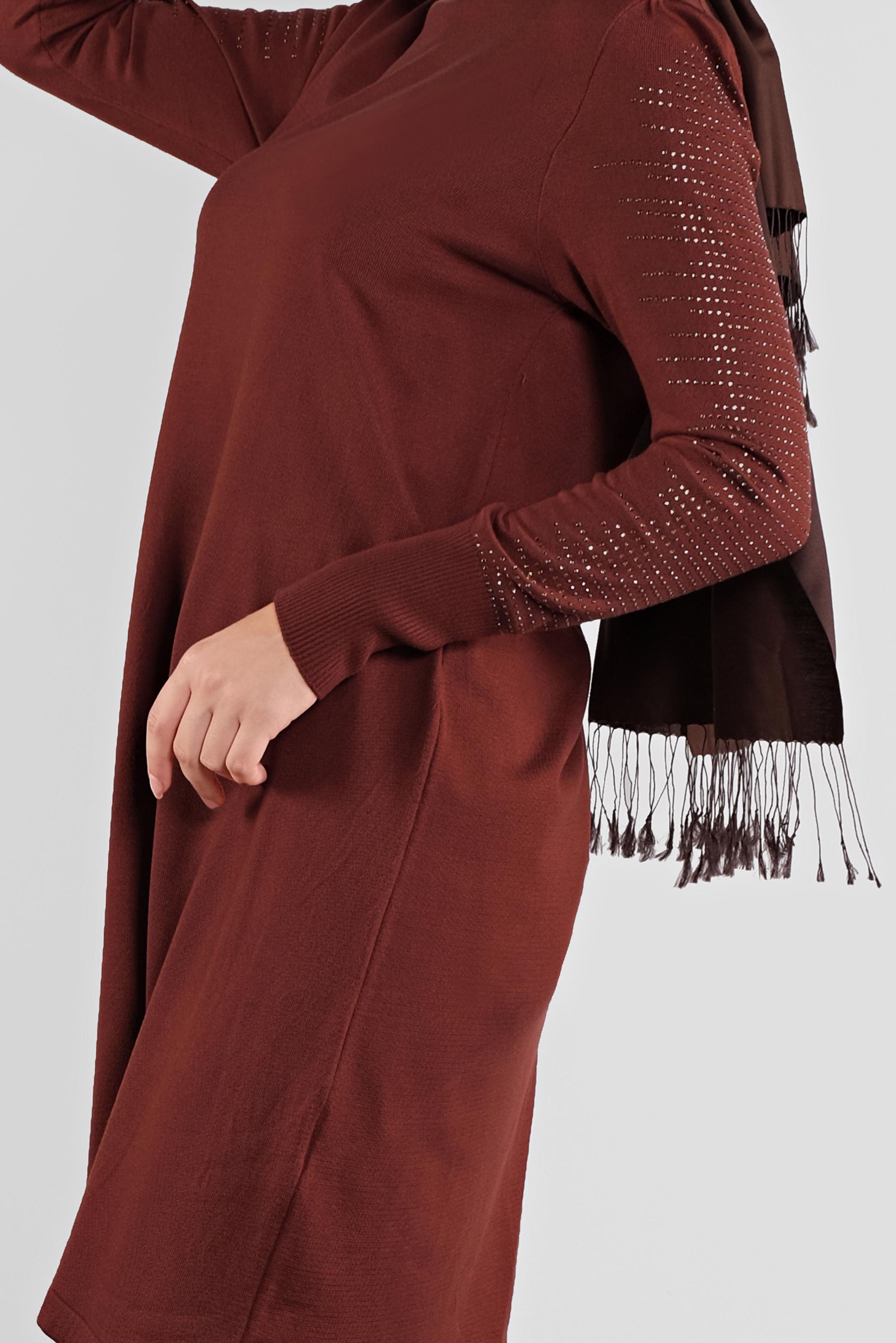 Tesettür giyim TURUNCU KOLLARI TAŞ BASKILI TRİKO TUNİK 41009 