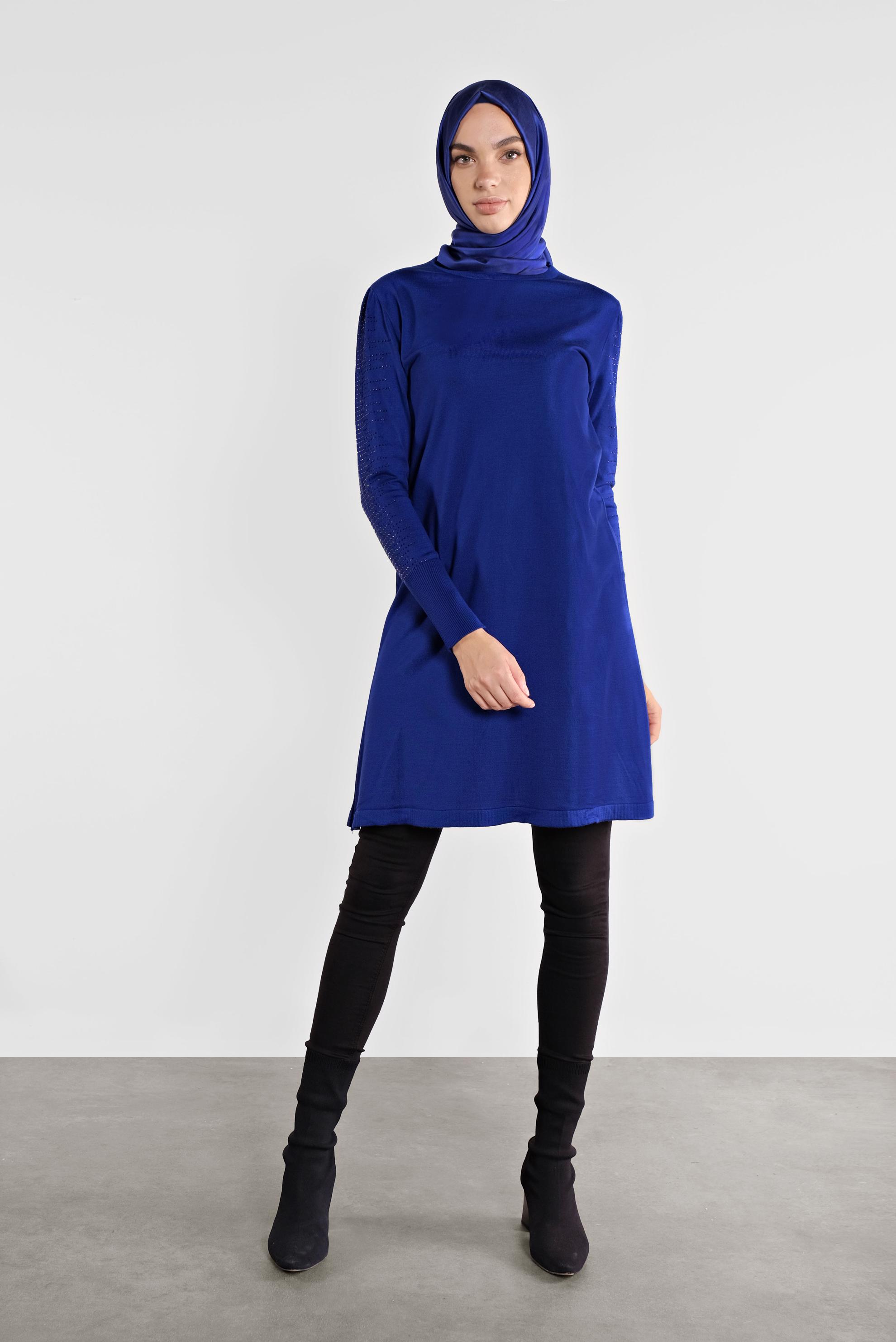 Tesettür giyim LACİVERT KOLLARI TAŞ BASKILI TRİKO TUNİK 41009 