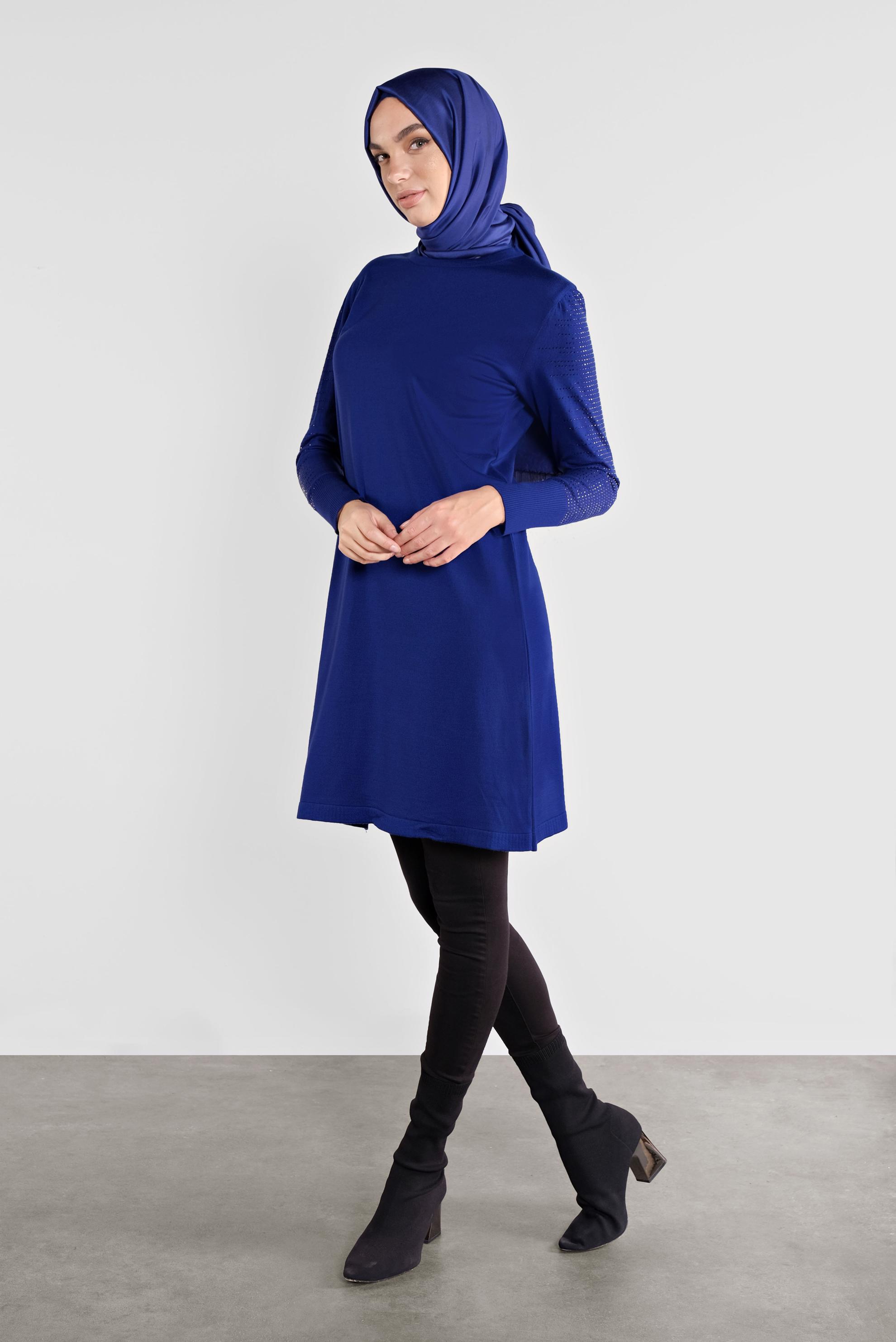 Tesettür giyim LACİVERT KOLLARI TAŞ BASKILI TRİKO TUNİK 41009 