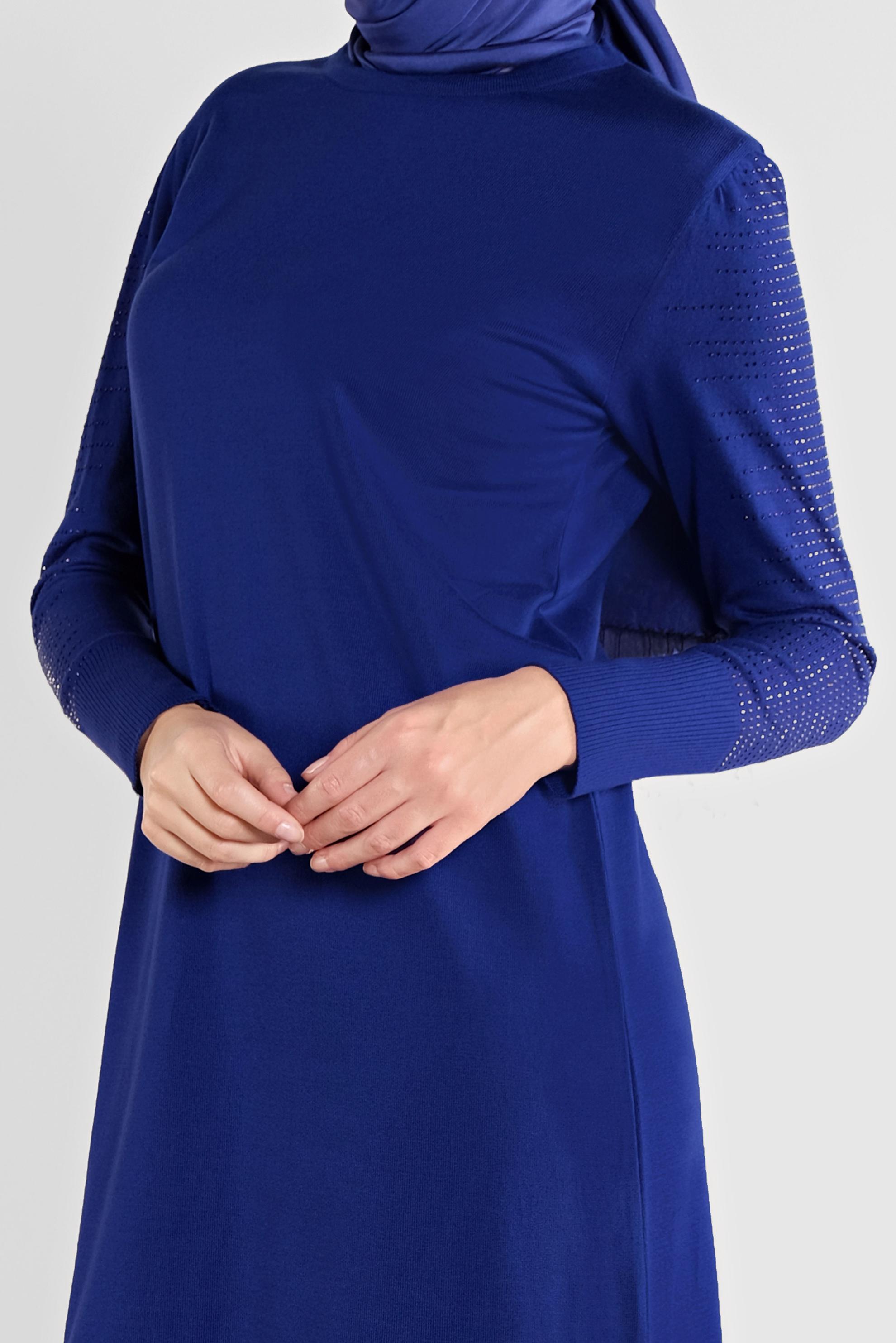 Tesettür giyim LACİVERT KOLLARI TAŞ BASKILI TRİKO TUNİK 41009 