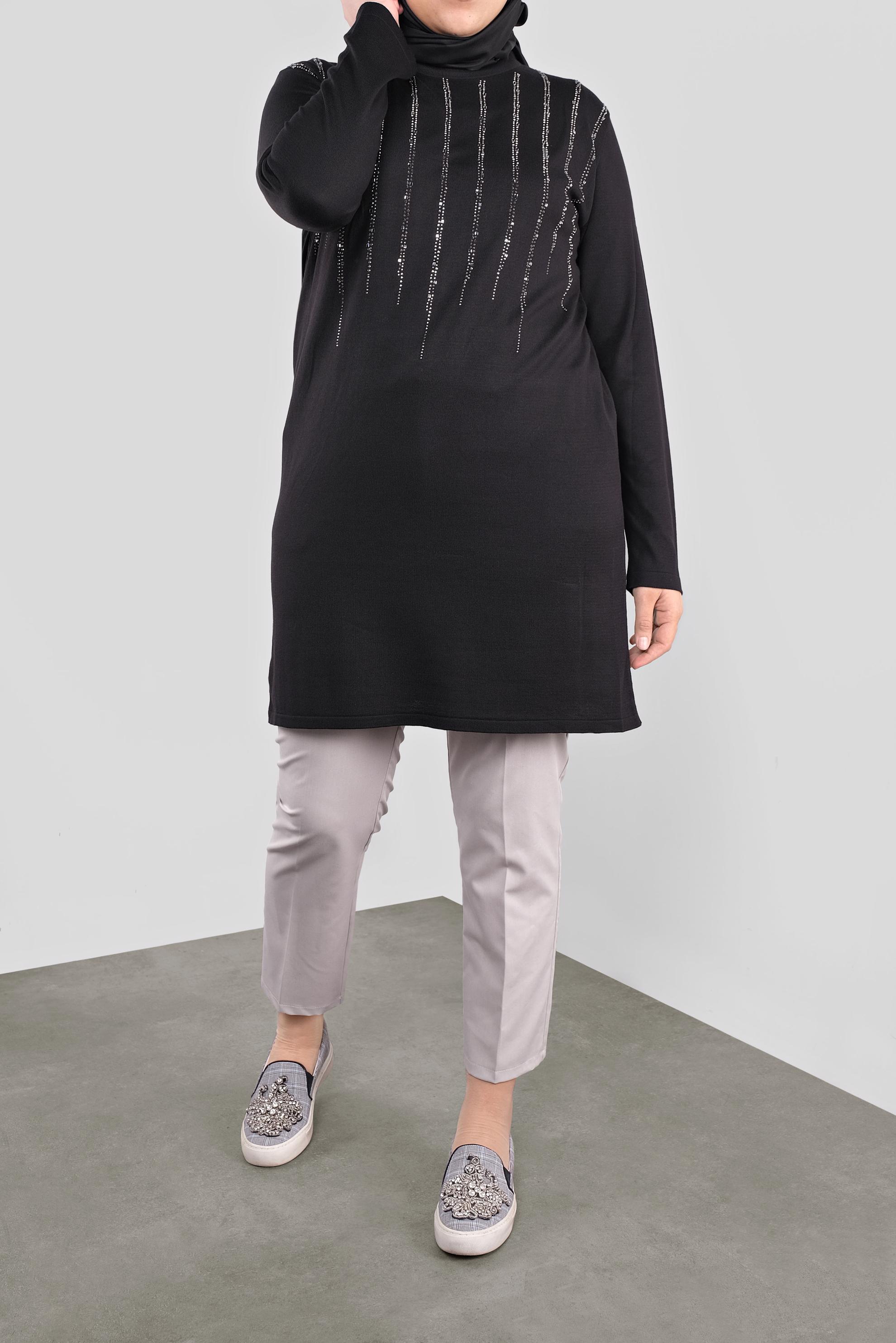 Tesettür giyim SİYAH TAŞ BASKILI TRİKO TUNİK  41010 