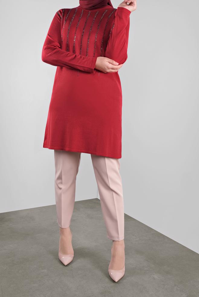 Vêtements hijab ROUGE TUNIQUE À EMBELLIE 41010  - ALVİNA
