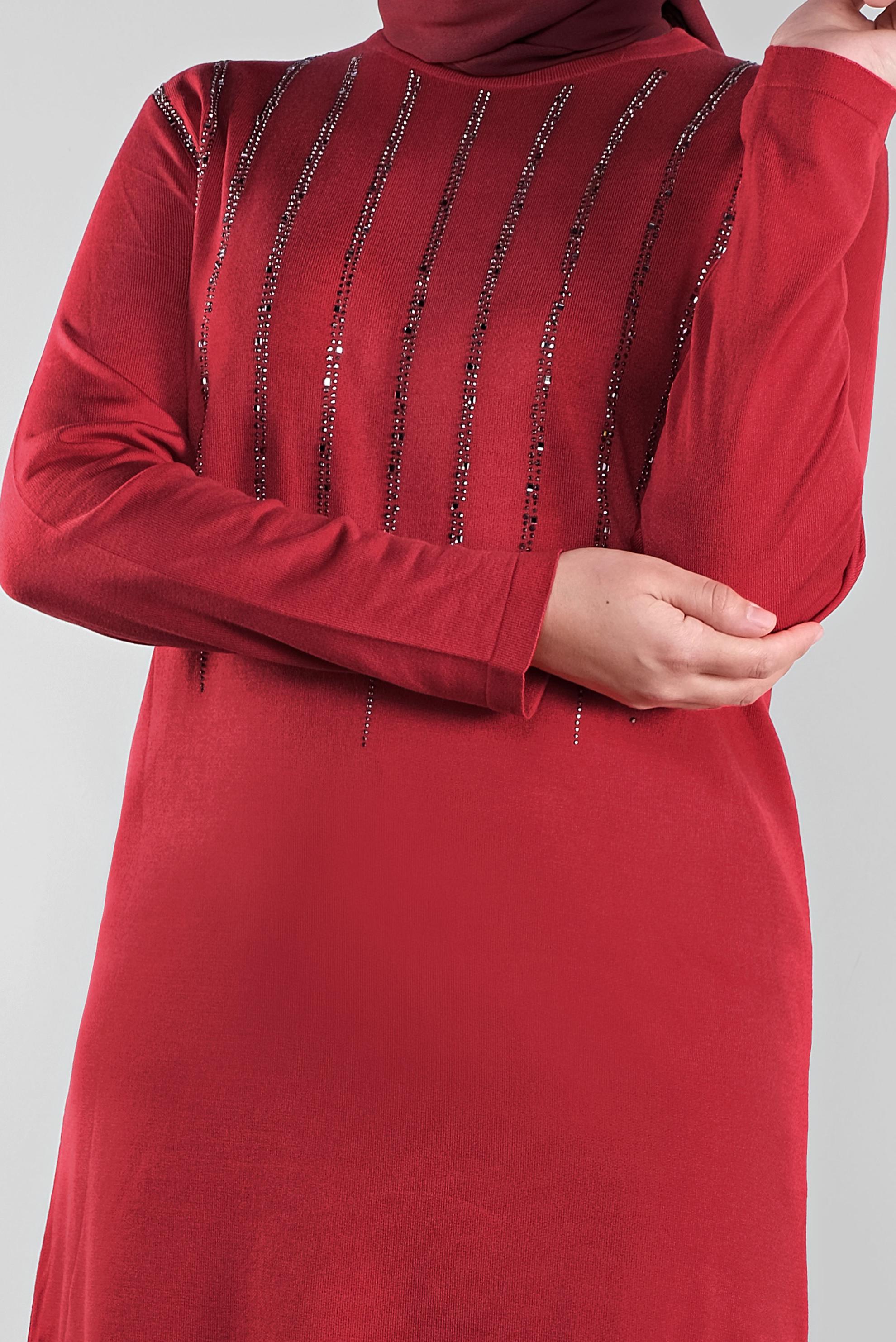 Tesettür giyim KIRMIZI TAŞ BASKILI TRİKO TUNİK  41010 