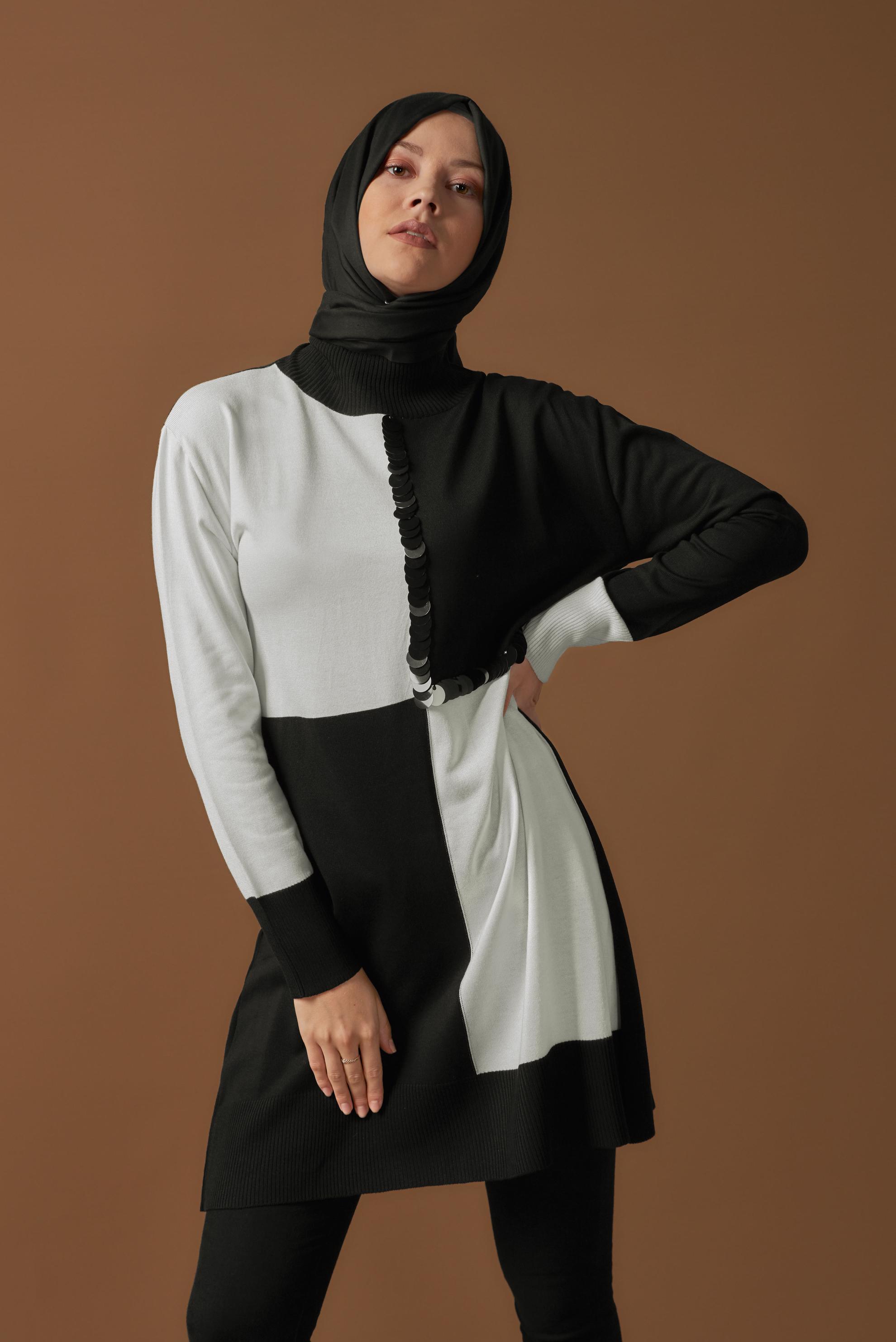 Tesettür giyim SİYAH PUL DETAYLI İKİ RENKLİ TRİKO TUNİK 41012