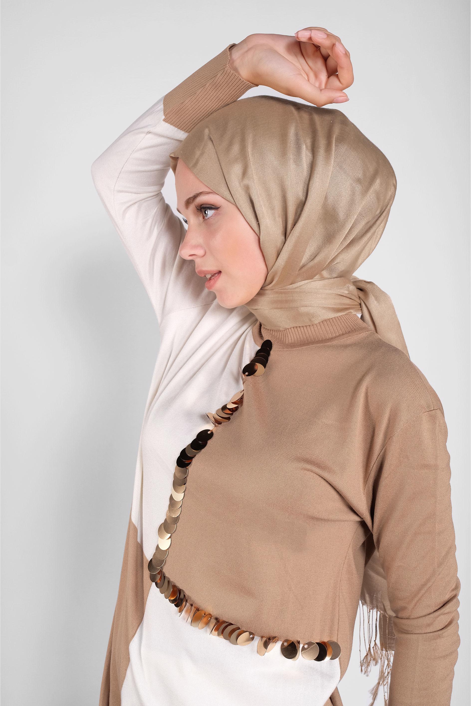 Tesettür giyim KAHVE PUL DETAYLI İKİ RENKLİ TRİKO TUNİK 41012