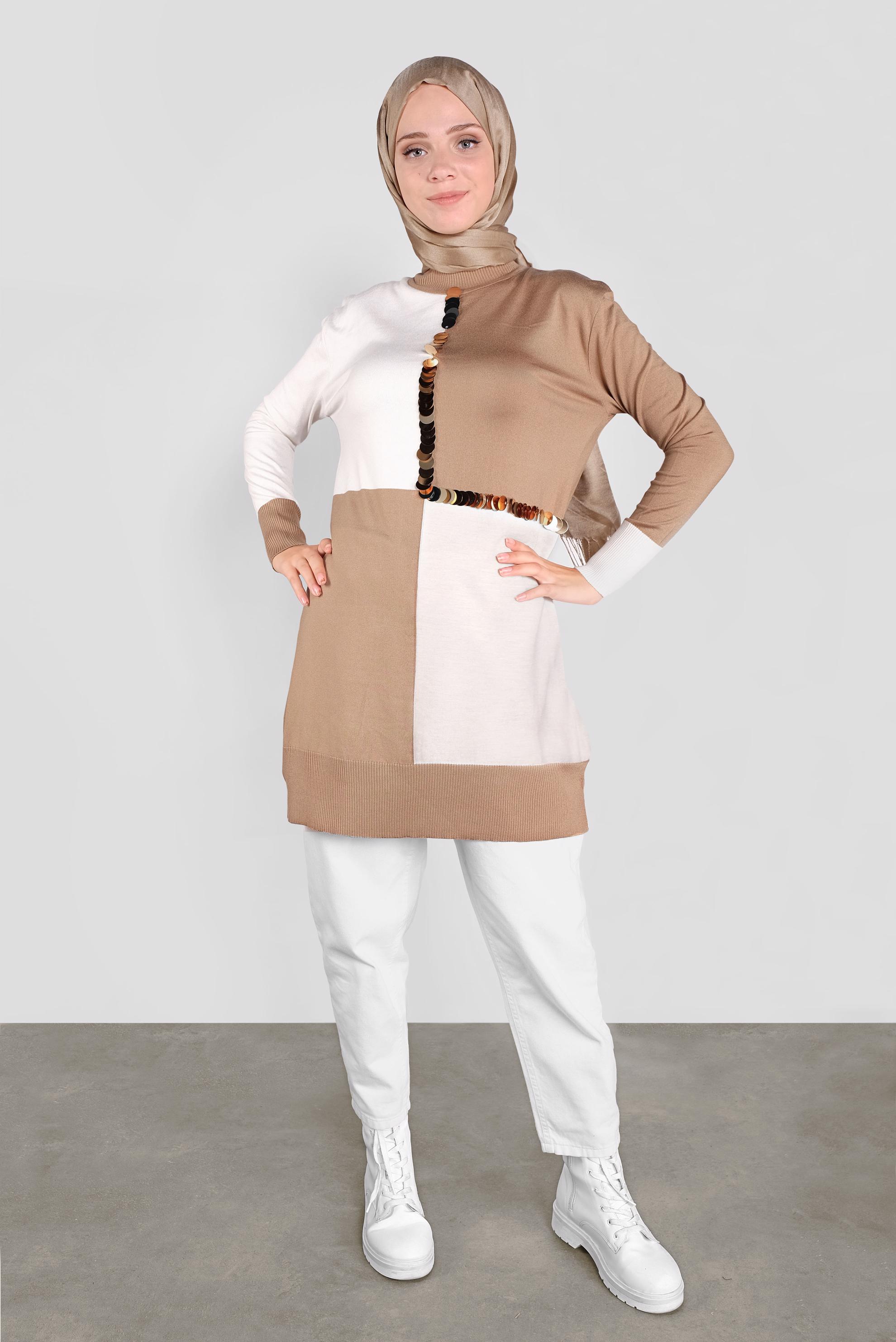 Tesettür giyim KAHVE PUL DETAYLI İKİ RENKLİ TRİKO TUNİK 41012
