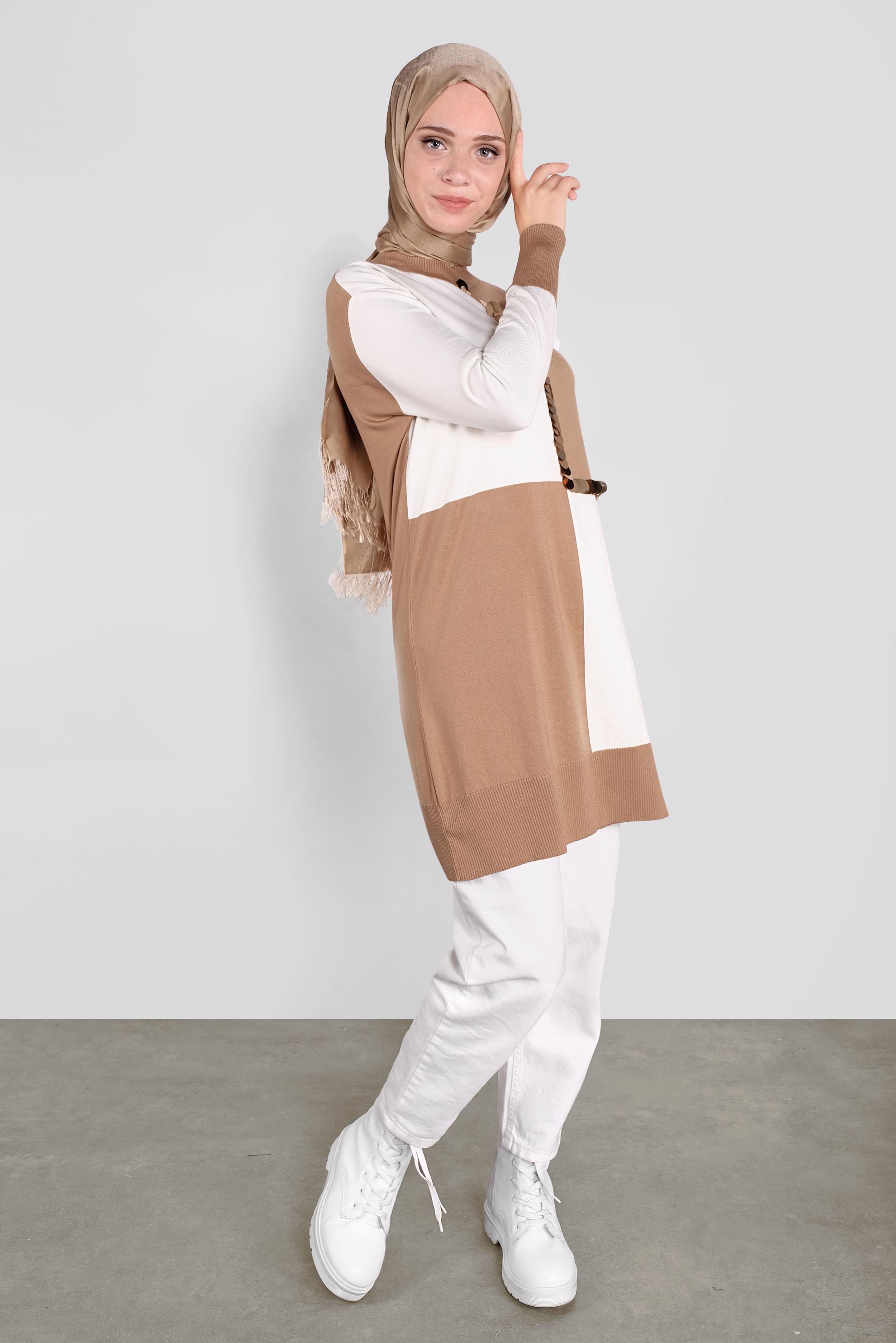 Tesettür giyim KAHVE PUL DETAYLI İKİ RENKLİ TRİKO TUNİK 41012