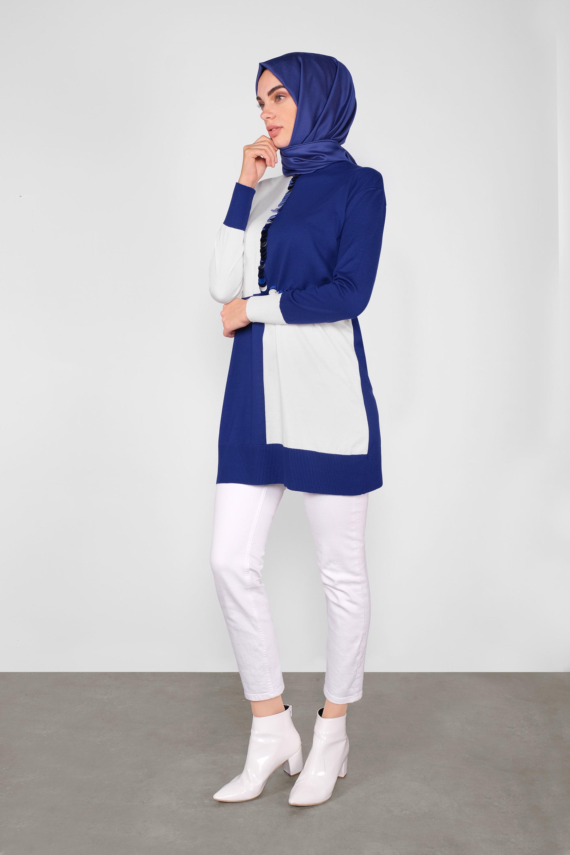 Tesettür giyim LACİVERT PUL DETAYLI İKİ RENKLİ TRİKO TUNİK 41012