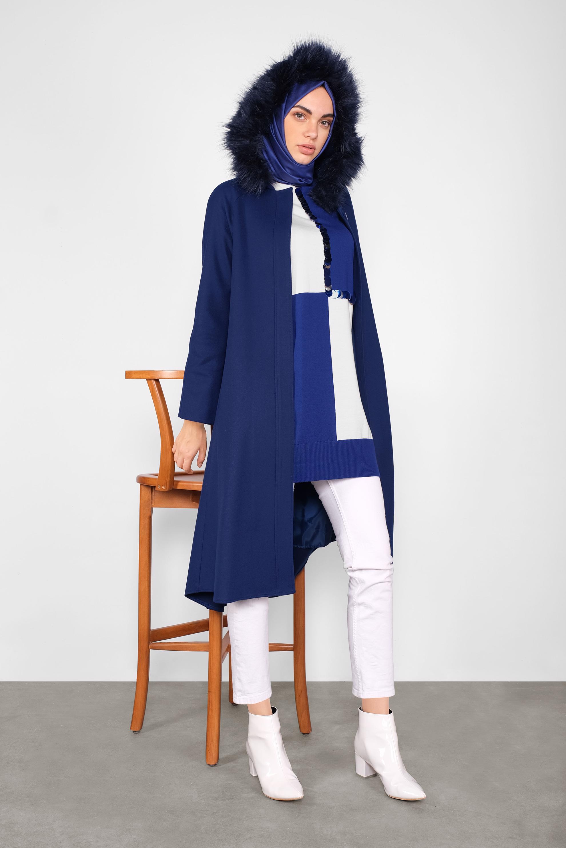 Tesettür giyim LACİVERT PUL DETAYLI İKİ RENKLİ TRİKO TUNİK 41012