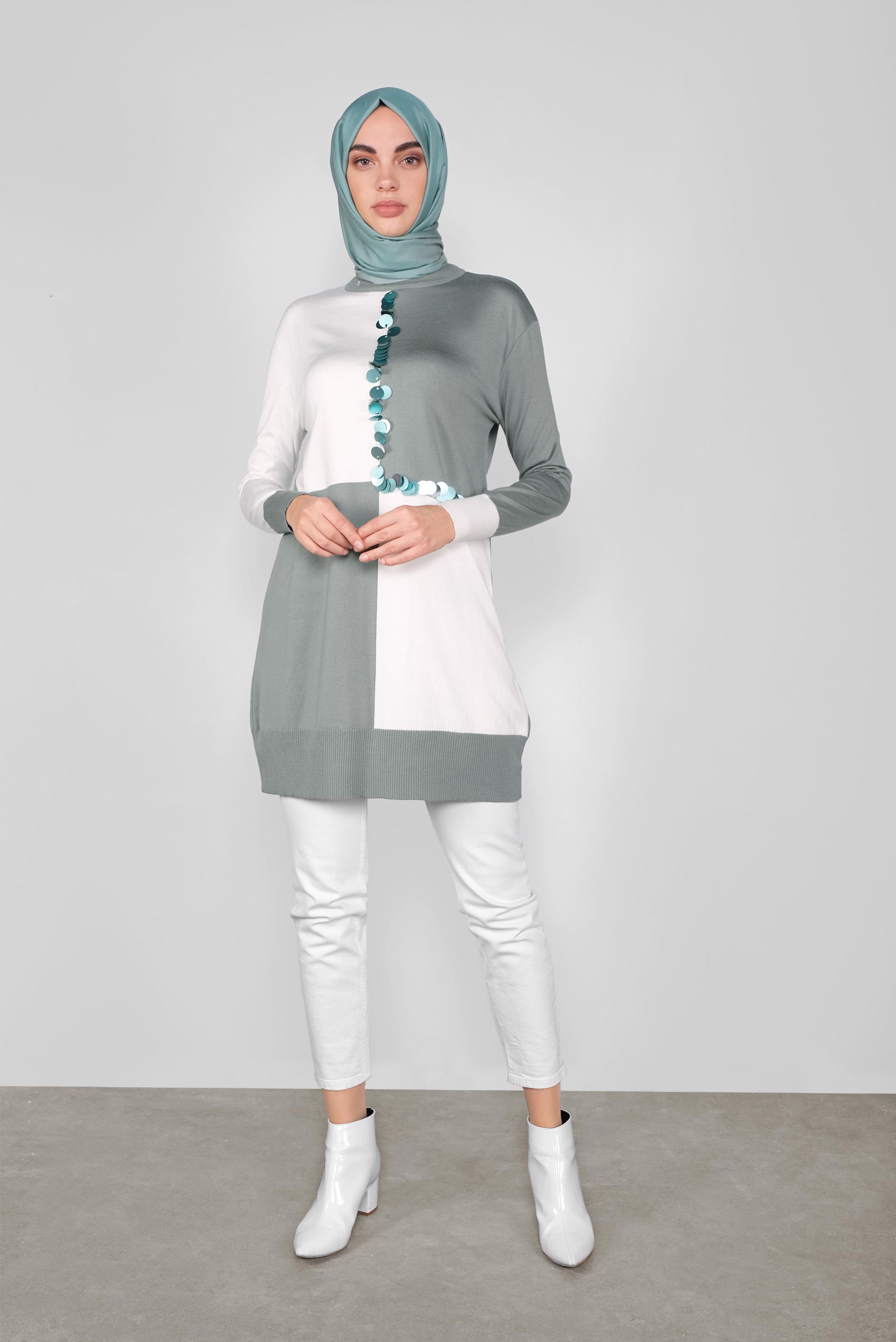 Tesettür giyim YEŞİL PUL DETAYLI İKİ RENKLİ TRİKO TUNİK 41012