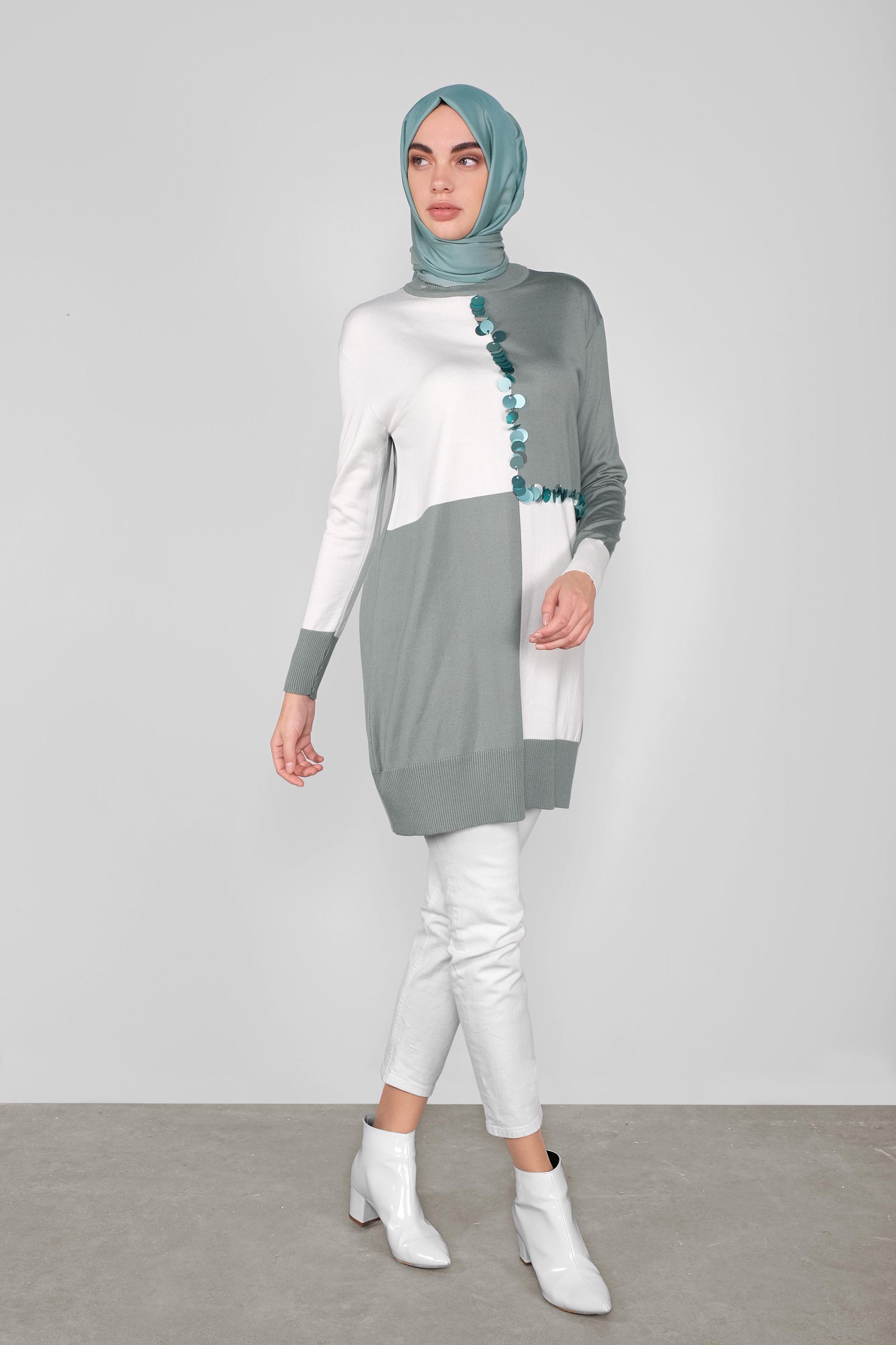 Tesettür giyim YEŞİL PUL DETAYLI İKİ RENKLİ TRİKO TUNİK 41012