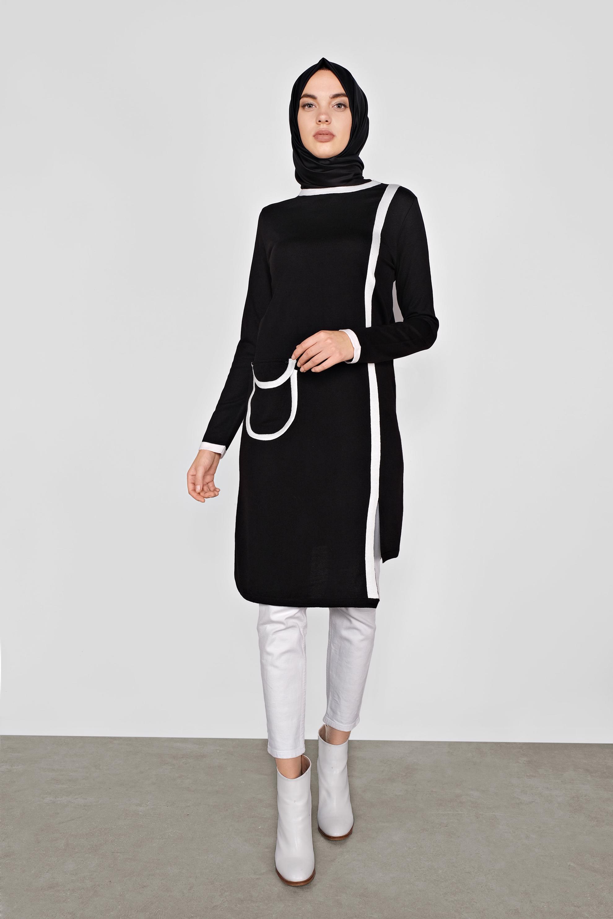 Tesettür giyim SİYAH CEP DETAYLI TRİKO TUNİK 41013