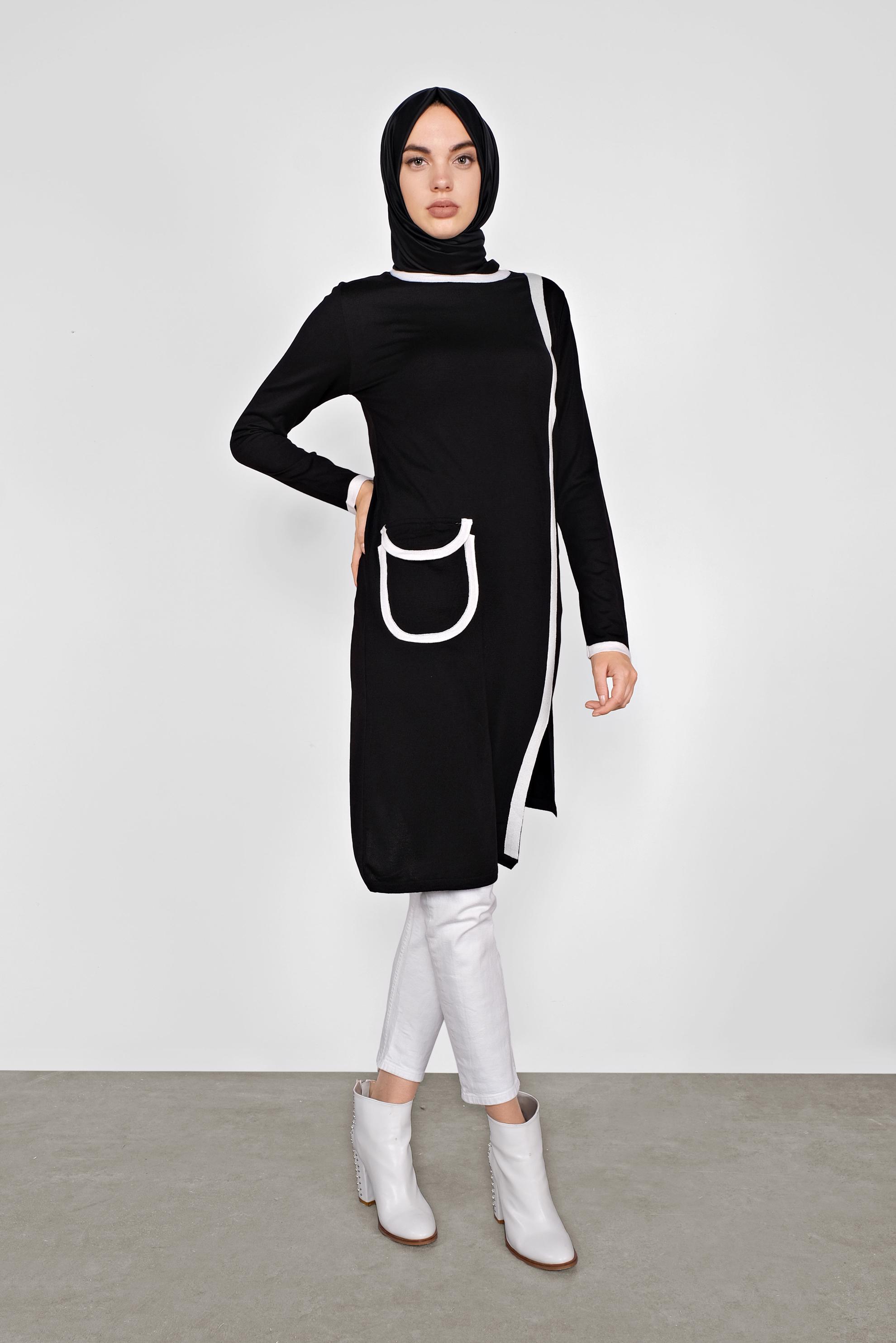 Tesettür giyim SİYAH CEP DETAYLI TRİKO TUNİK 41013