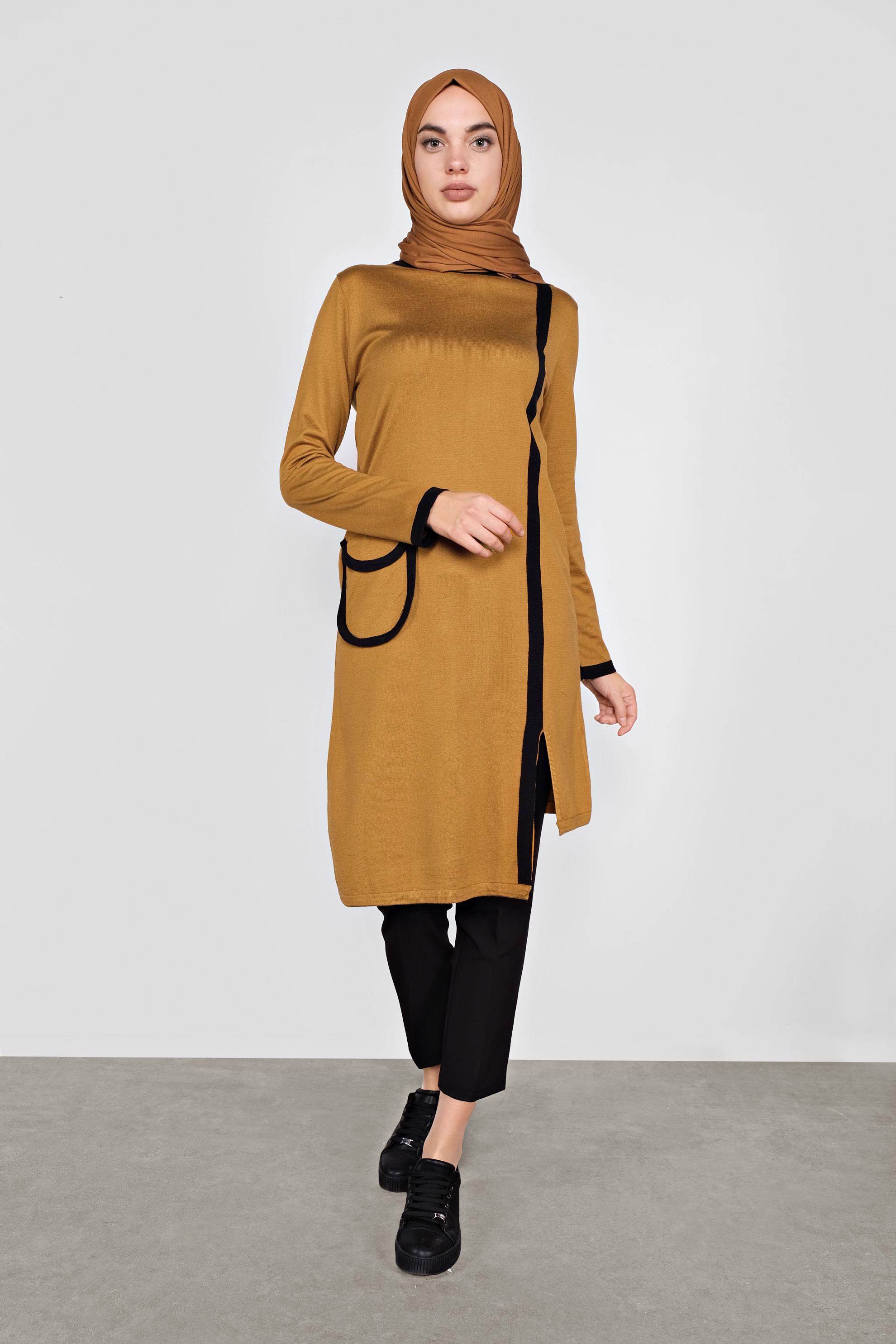 Tesettür giyim SARI CEP DETAYLI TRİKO TUNİK 41013