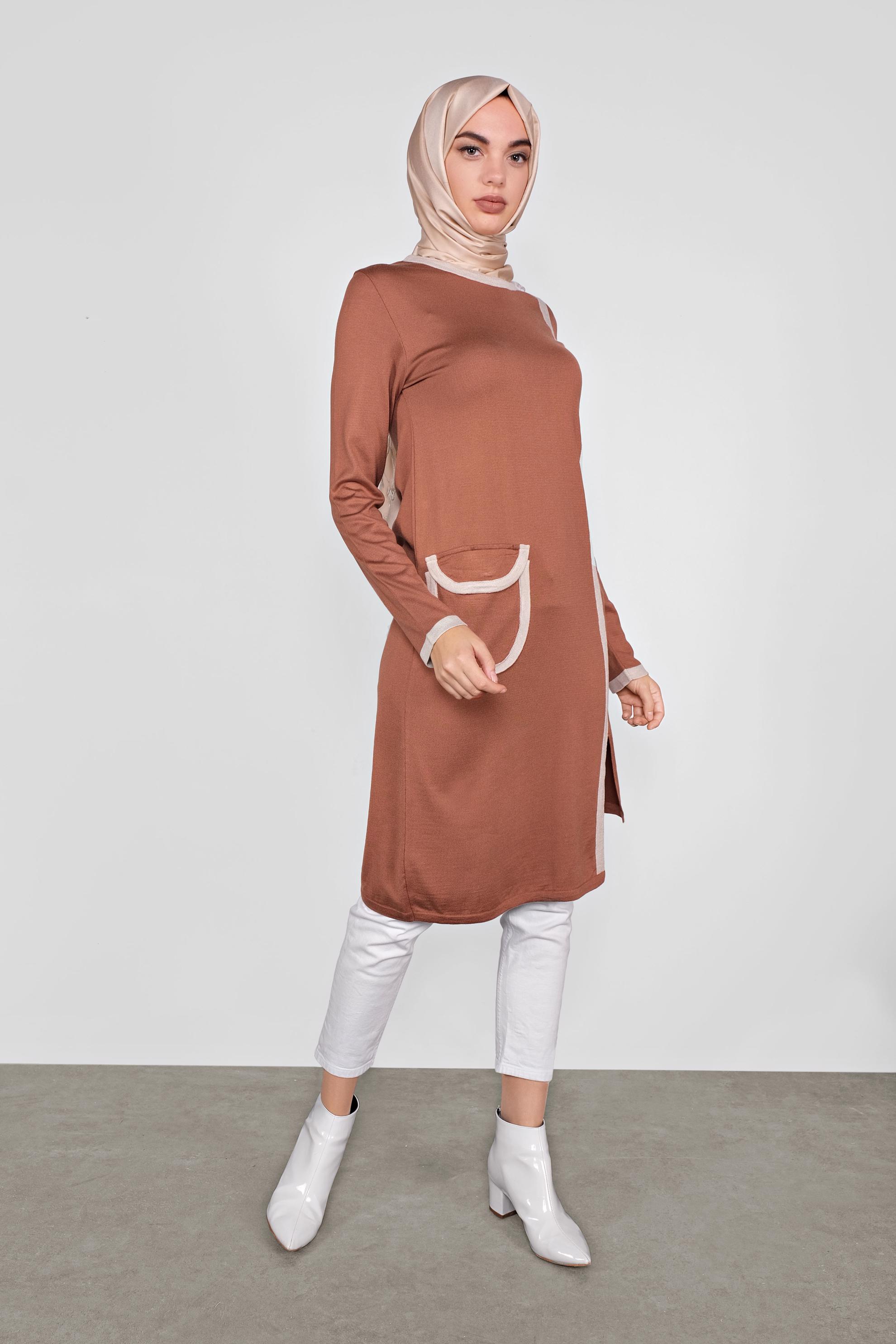 Tesettür giyim TURUNCU CEP DETAYLI TRİKO TUNİK 41013