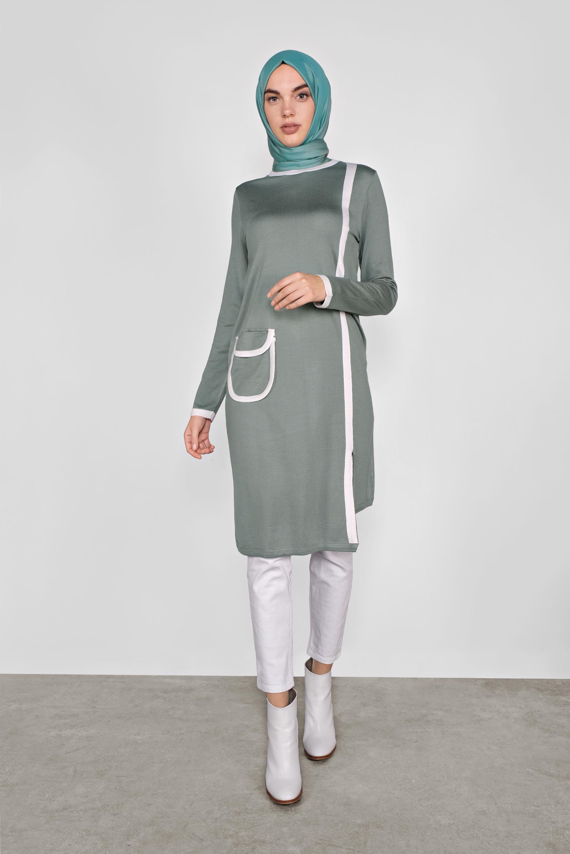 Tesettür giyim YEŞİL CEP DETAYLI TRİKO TUNİK 41013