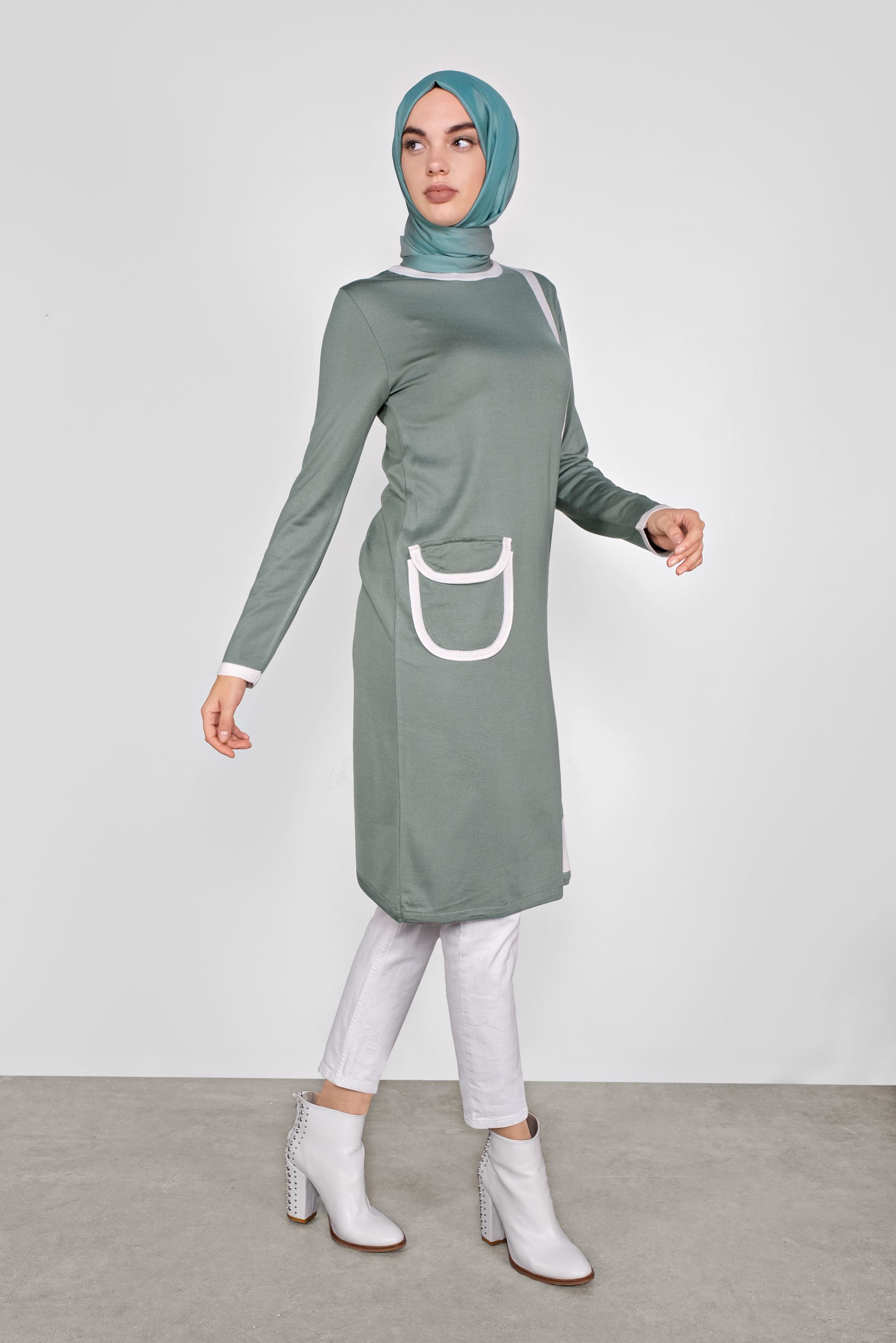 Tesettür giyim YEŞİL CEP DETAYLI TRİKO TUNİK 41013