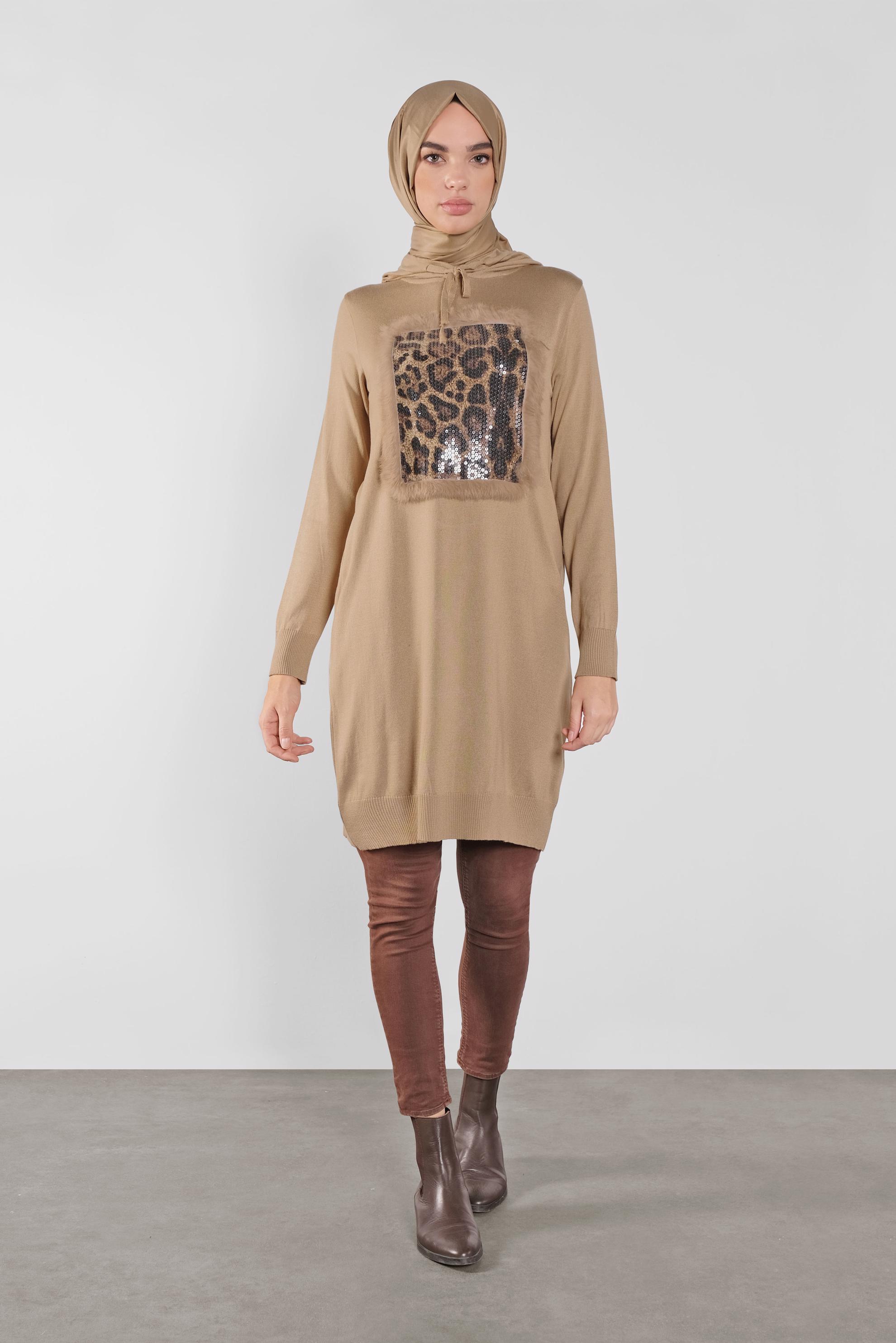 Tesettür giyim KAHVE KAPÜŞONLU TRİKO TUNİK 41014