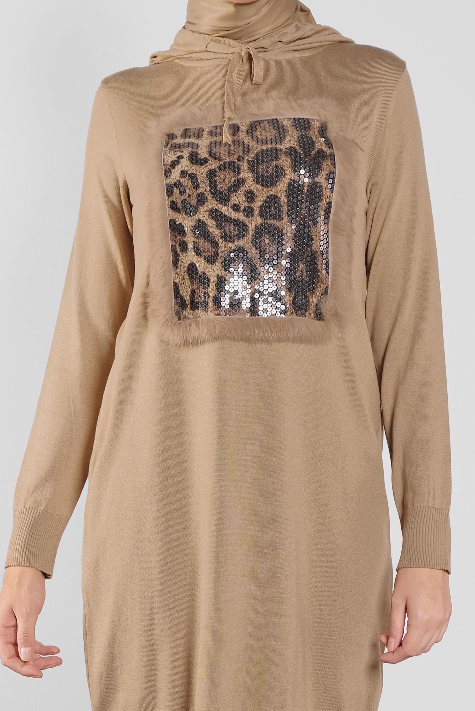 Tesettür giyim KAHVE KAPÜŞONLU TRİKO TUNİK 41014