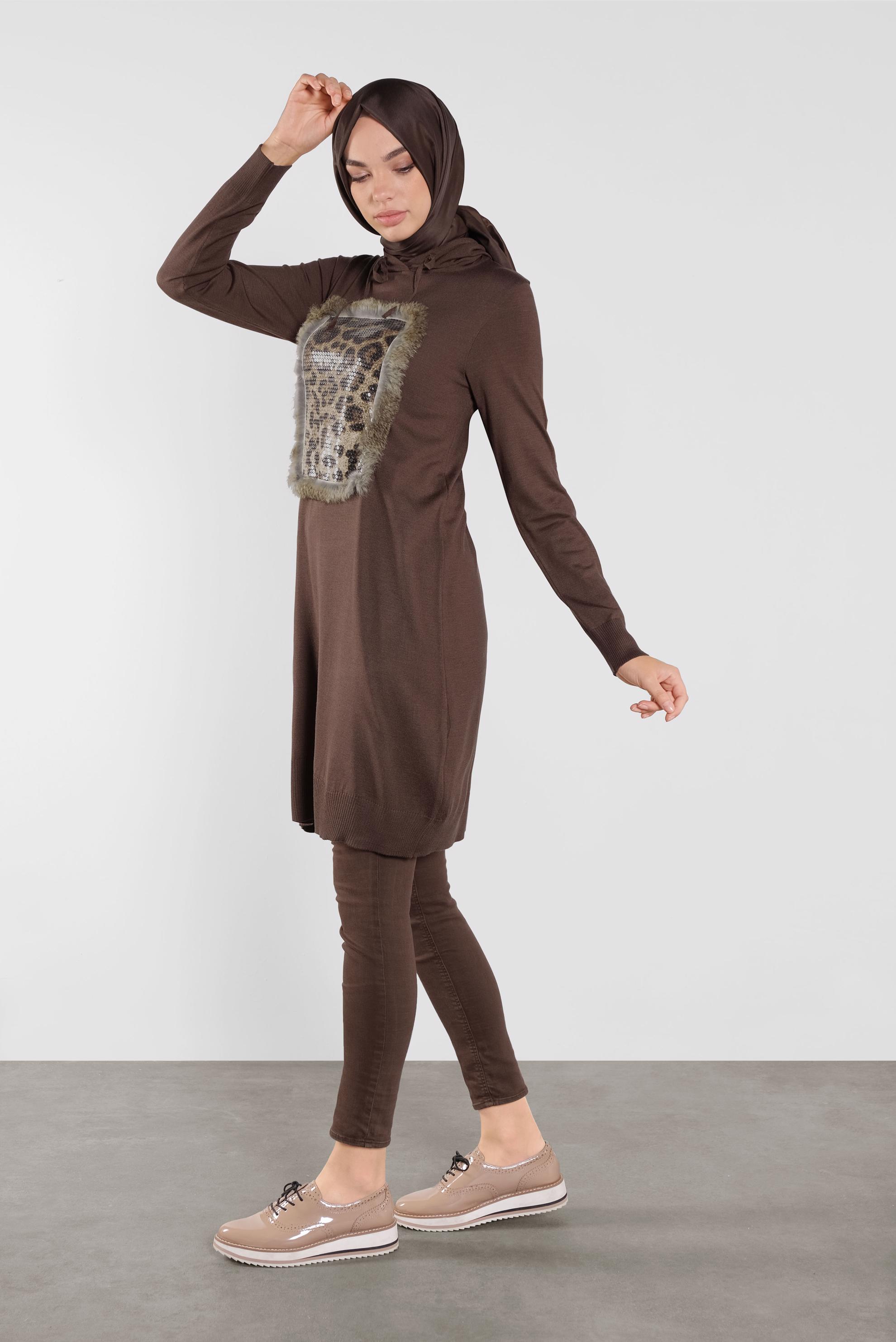 Tesettür giyim KAHVE KAPÜŞONLU TRİKO TUNİK 41014