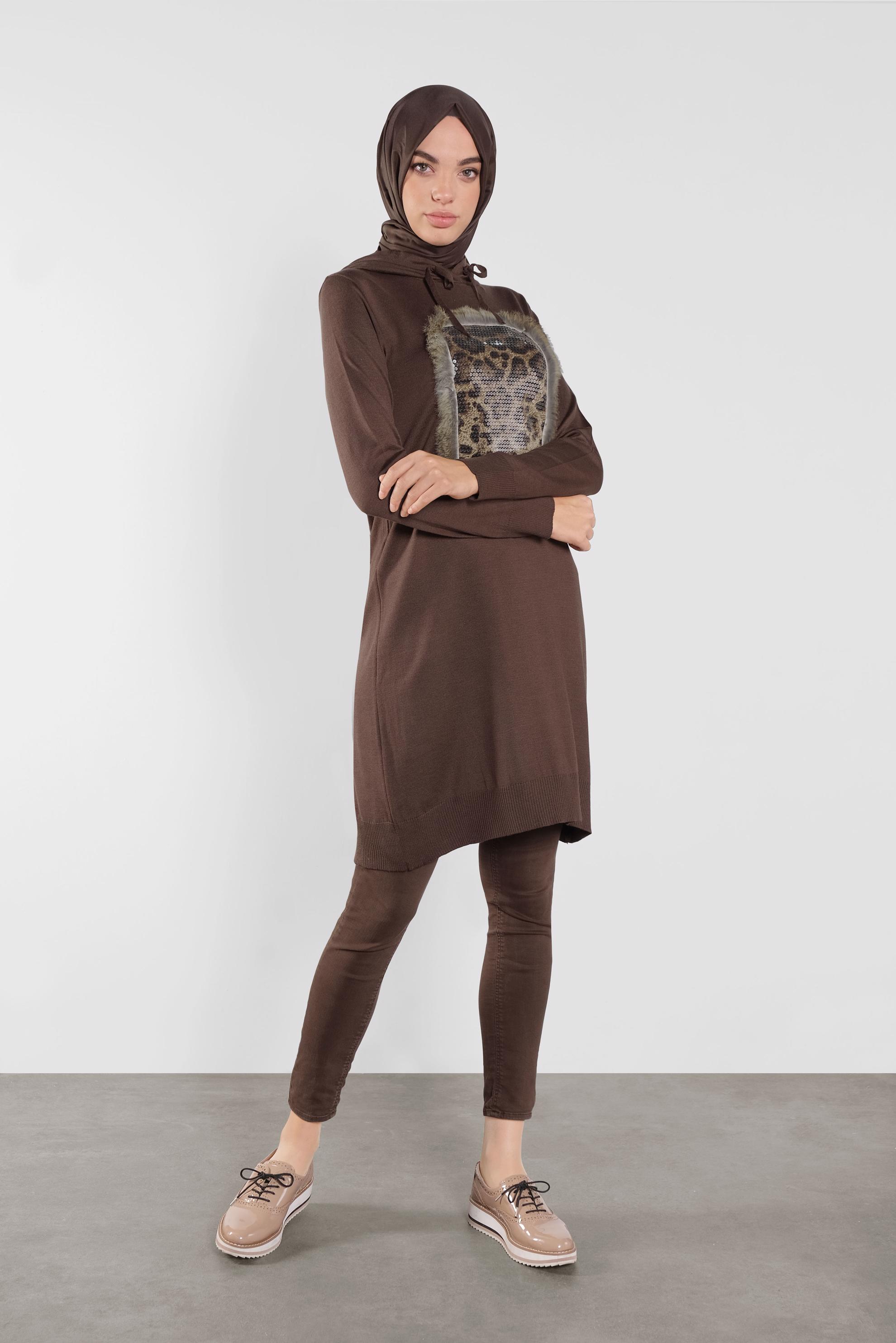 Tesettür giyim KAHVE KAPÜŞONLU TRİKO TUNİK 41014