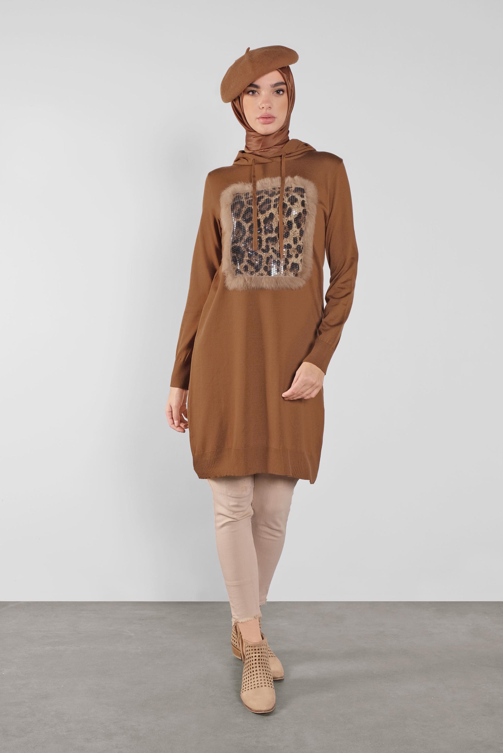 Tesettür giyim TABA KAPÜŞONLU TRİKO TUNİK 41014