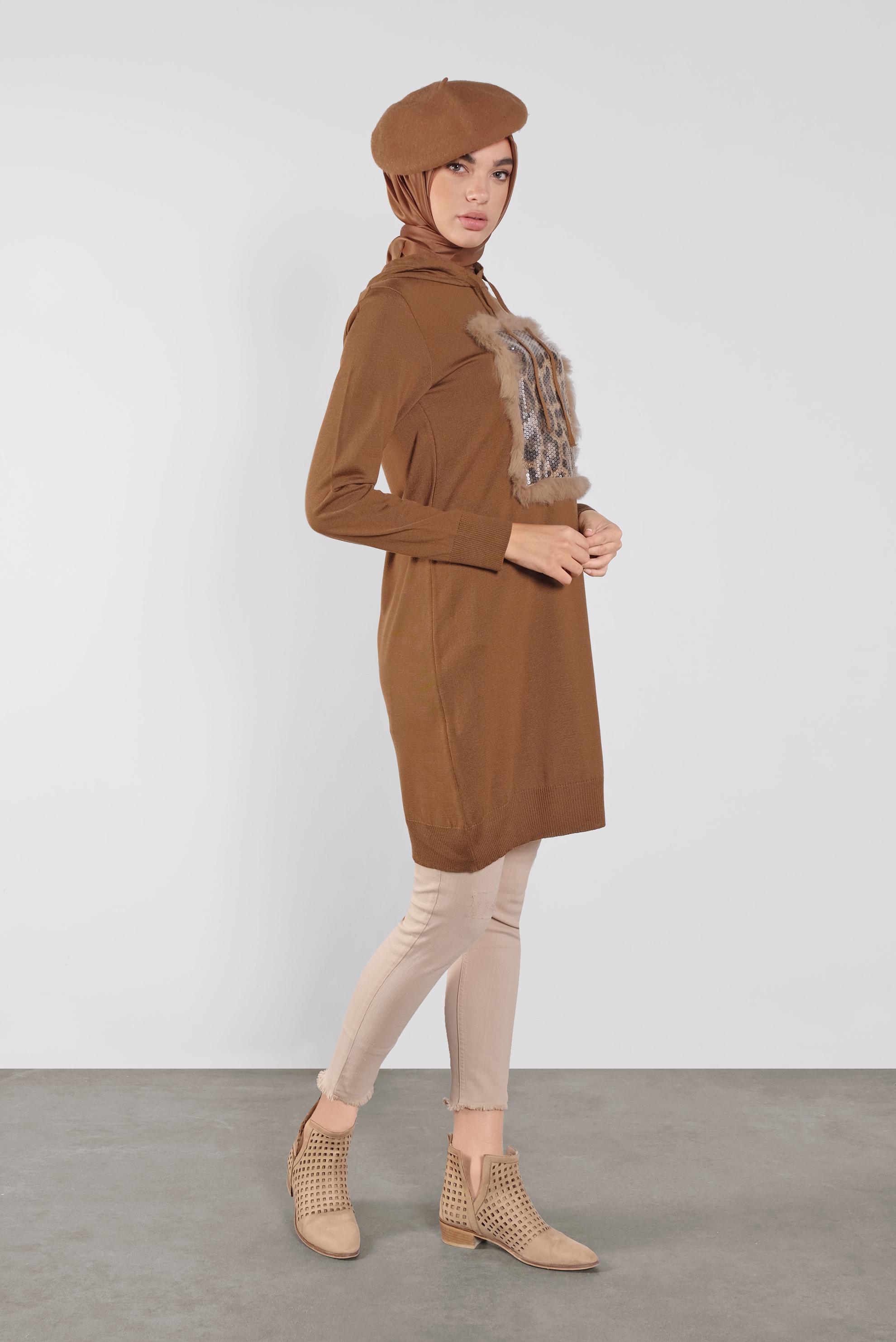 Tesettür giyim TABA KAPÜŞONLU TRİKO TUNİK 41014