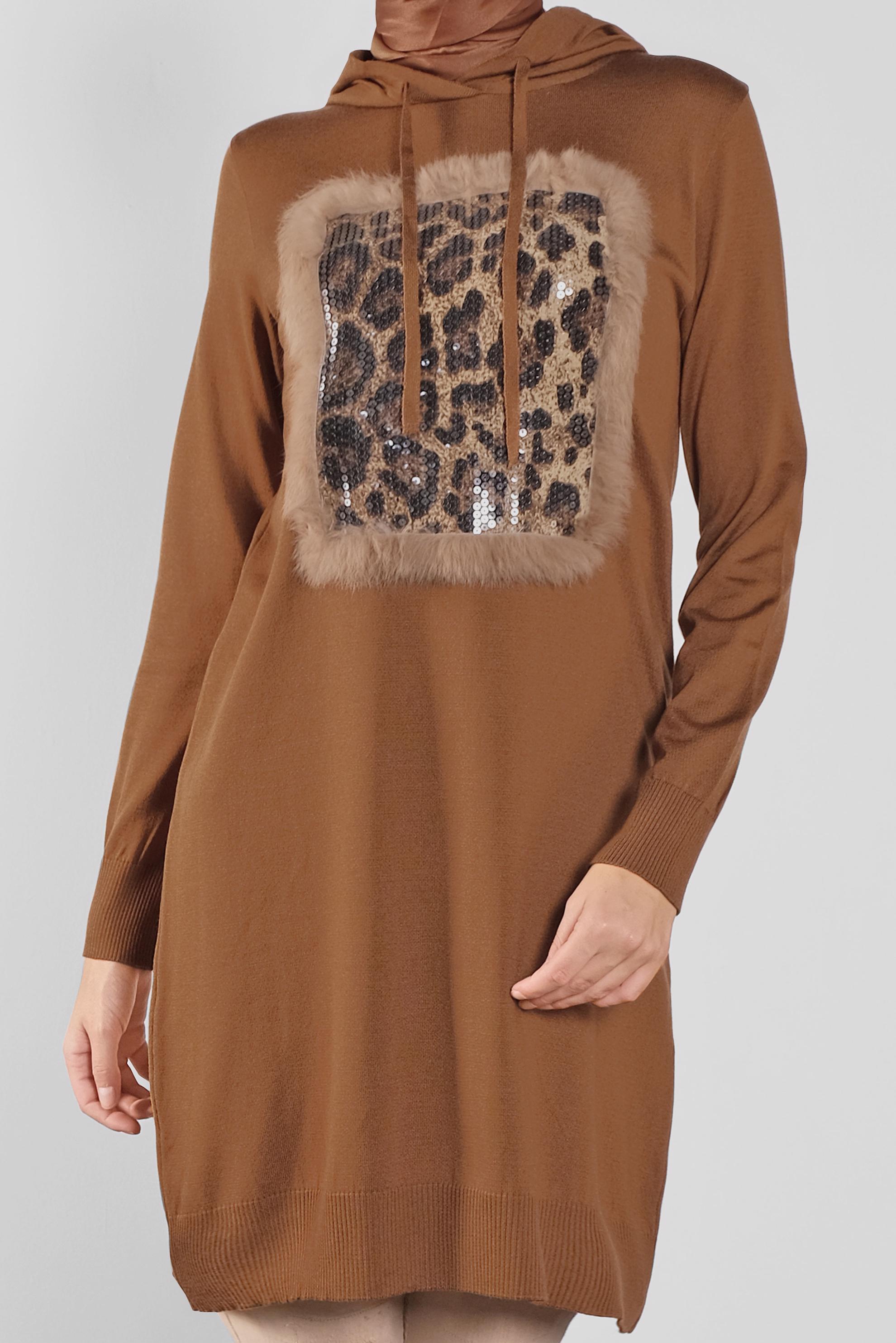 Tesettür giyim TABA KAPÜŞONLU TRİKO TUNİK 41014