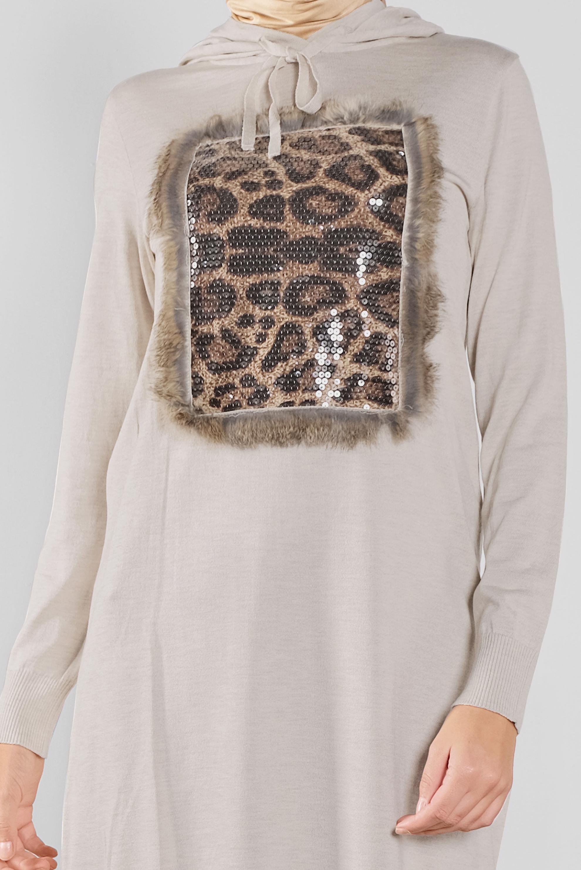 Tesettür giyim BEJ KAPÜŞONLU TRİKO TUNİK 41014