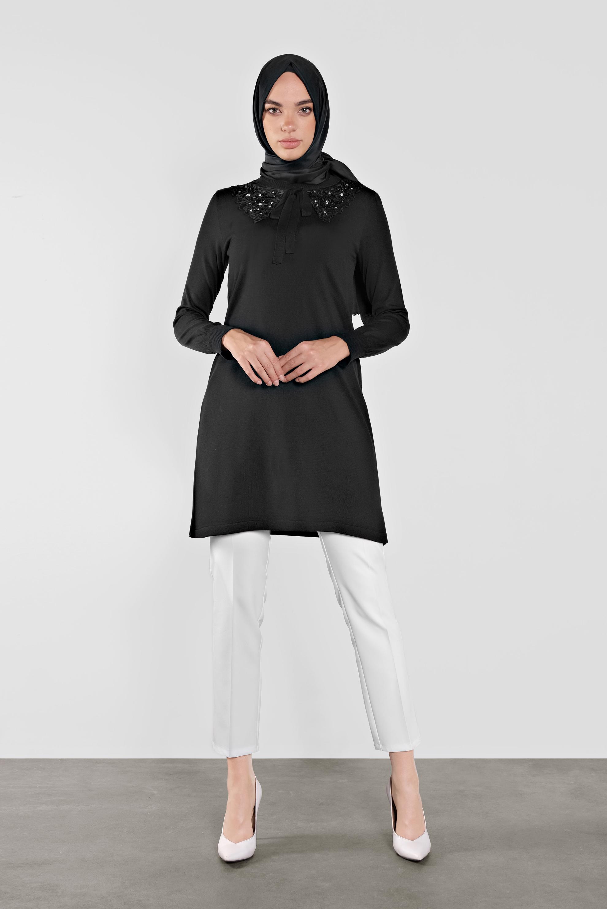 Tesettür giyim SİYAH YAKASI BAĞLI TRİKO TUNİK 41015 