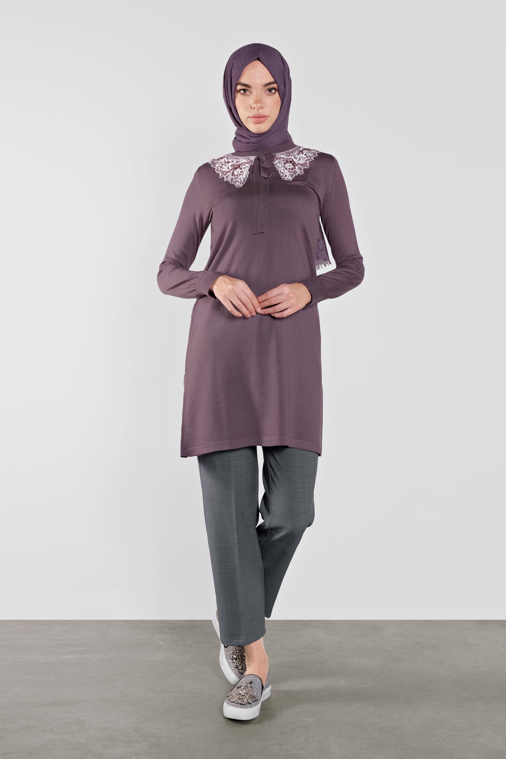 Tesettür giyim MOR YAKASI BAĞLI TRİKO TUNİK 41015 