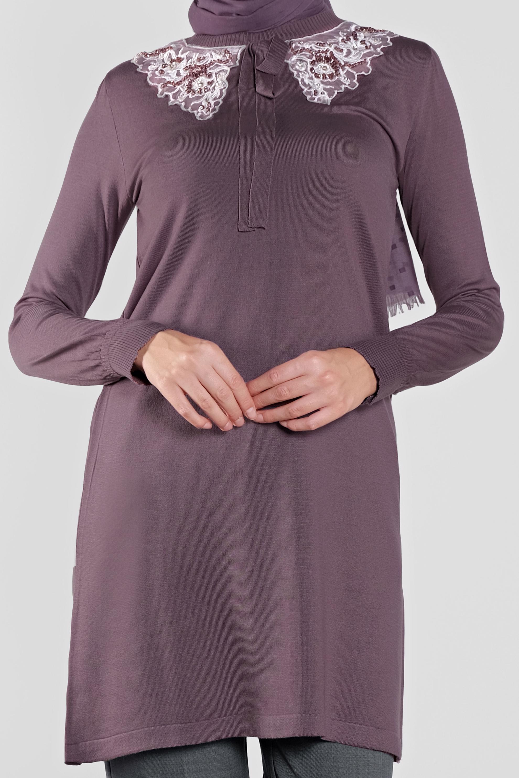 Tesettür giyim MOR YAKASI BAĞLI TRİKO TUNİK 41015 