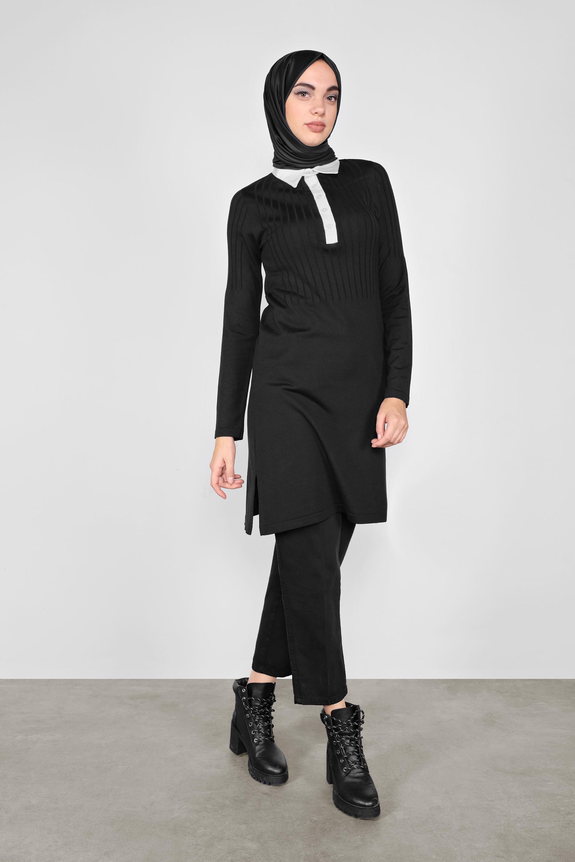 Tesettür giyim SİYAH GÖMLEK YAKA TRİKO TUNİK 41016
