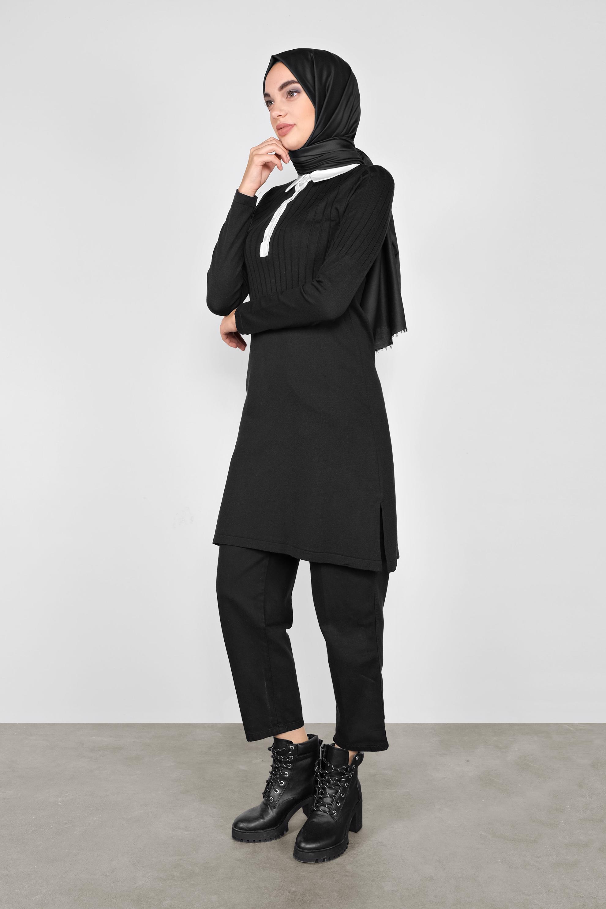 Tesettür giyim SİYAH GÖMLEK YAKA TRİKO TUNİK 41016