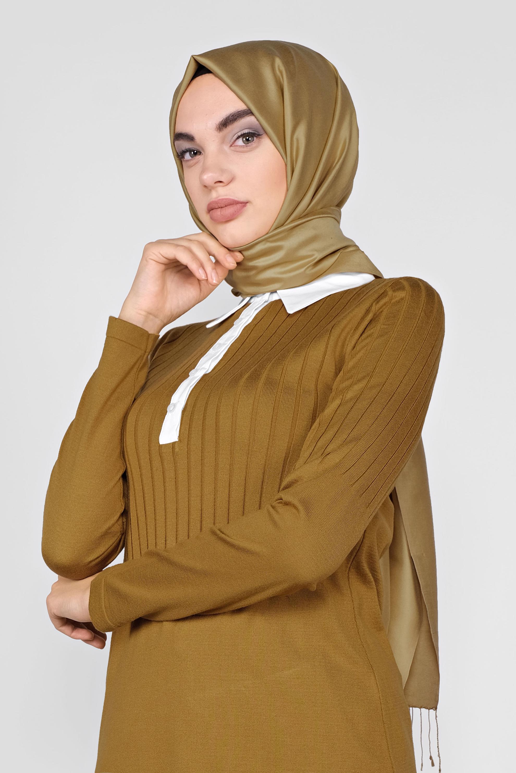 Tesettür giyim SARI GÖMLEK YAKA TRİKO TUNİK 41016