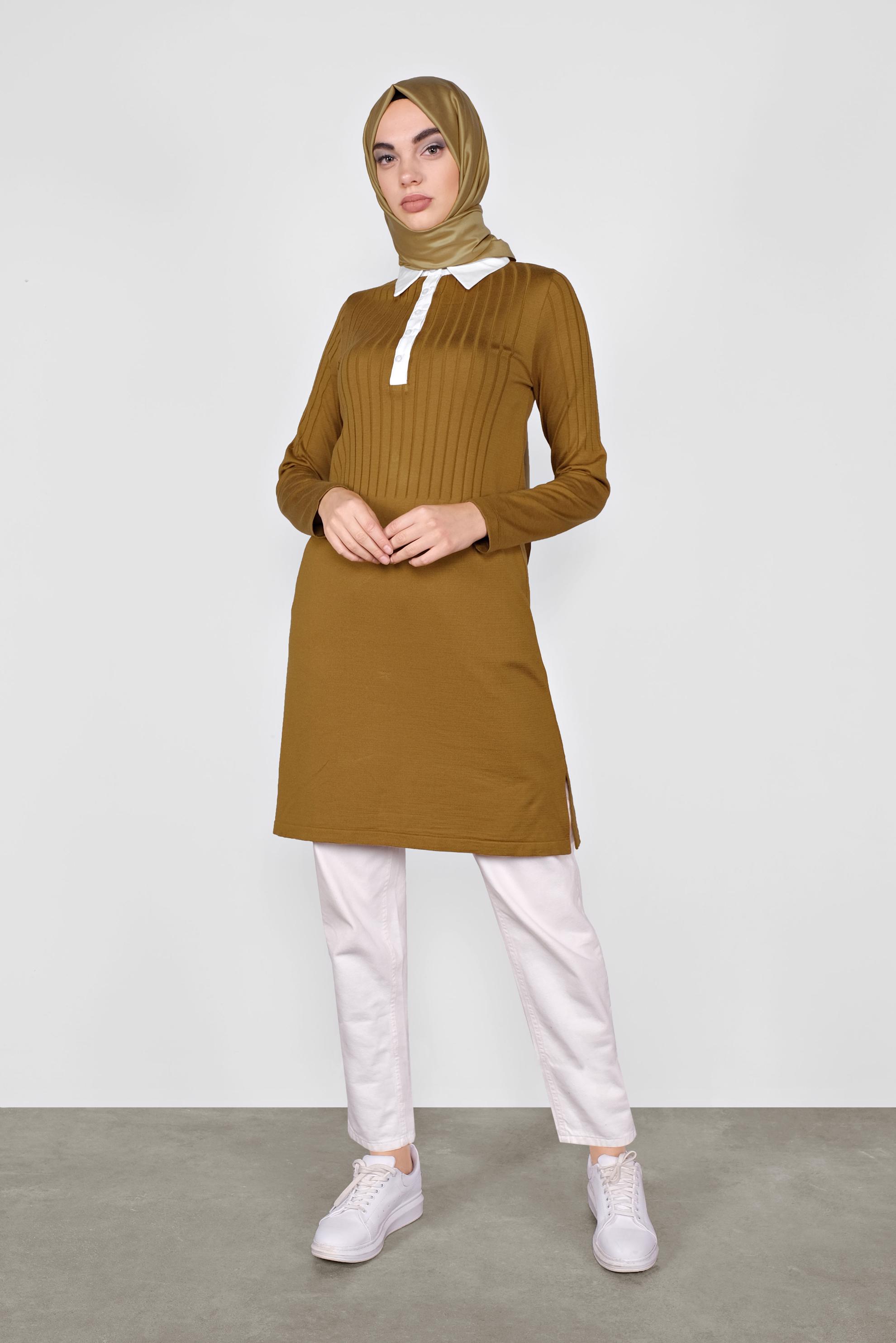 Tesettür giyim SARI GÖMLEK YAKA TRİKO TUNİK 41016