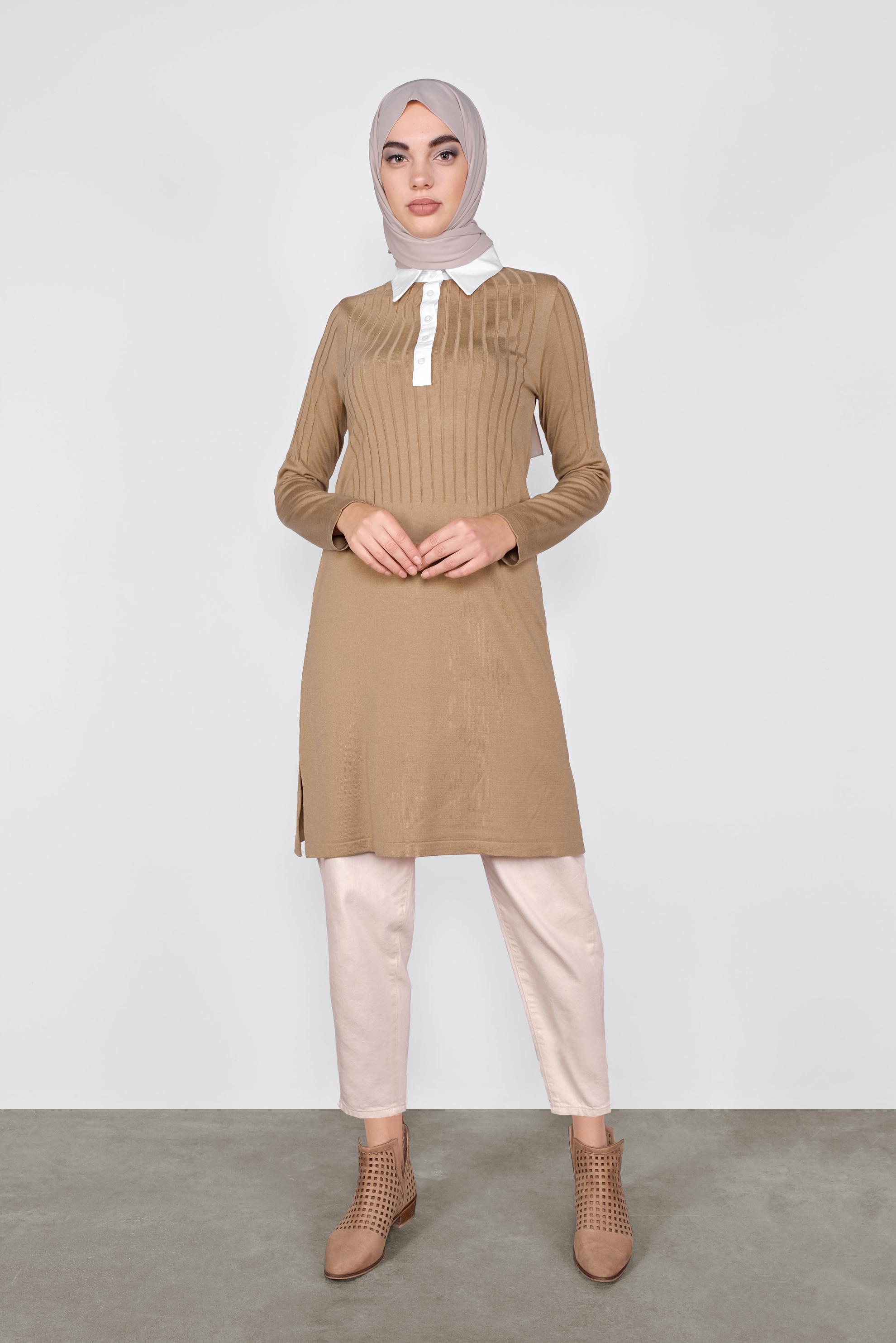 Tesettür giyim KAHVE GÖMLEK YAKA TRİKO TUNİK 41016