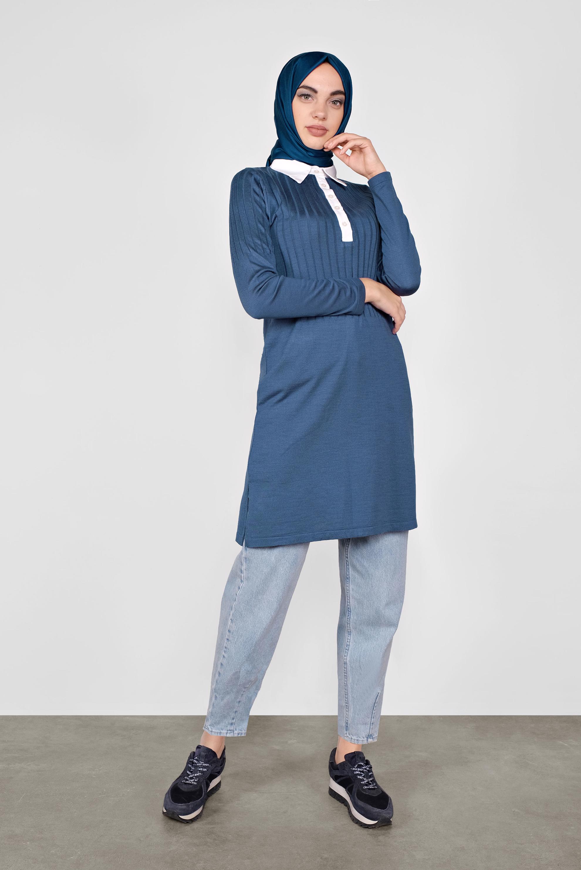 Tesettür giyim LACİVERT GÖMLEK YAKA TRİKO TUNİK 41016