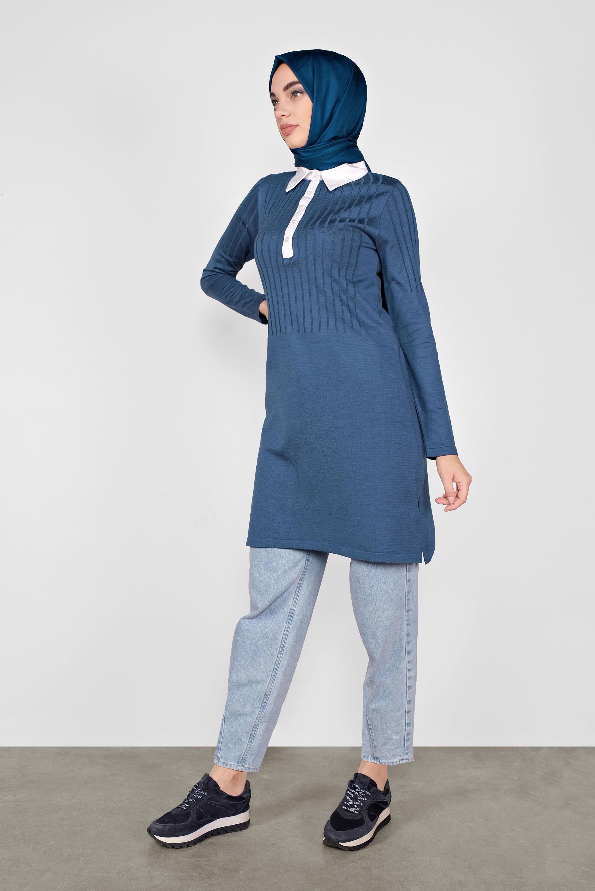 Tesettür giyim LACİVERT GÖMLEK YAKA TRİKO TUNİK 41016