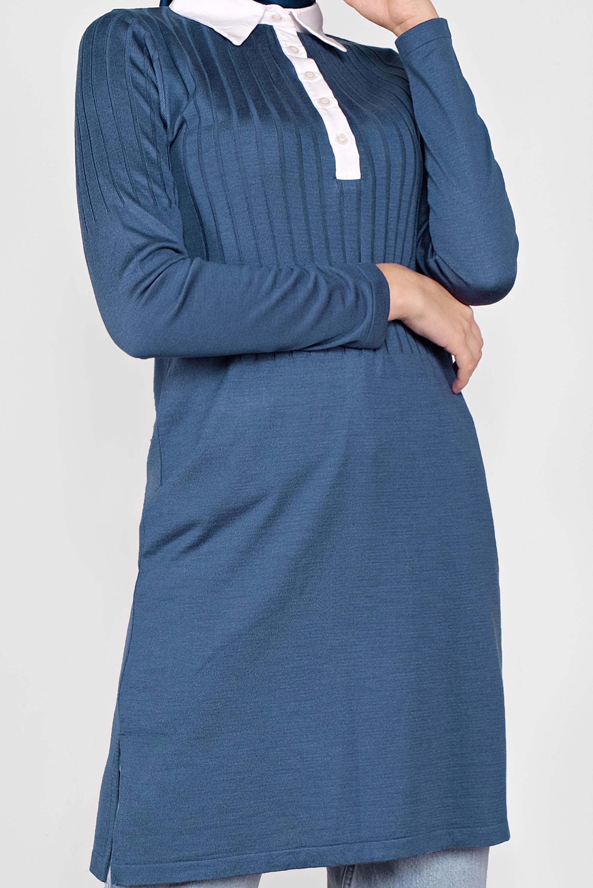 Tesettür giyim LACİVERT GÖMLEK YAKA TRİKO TUNİK 41016