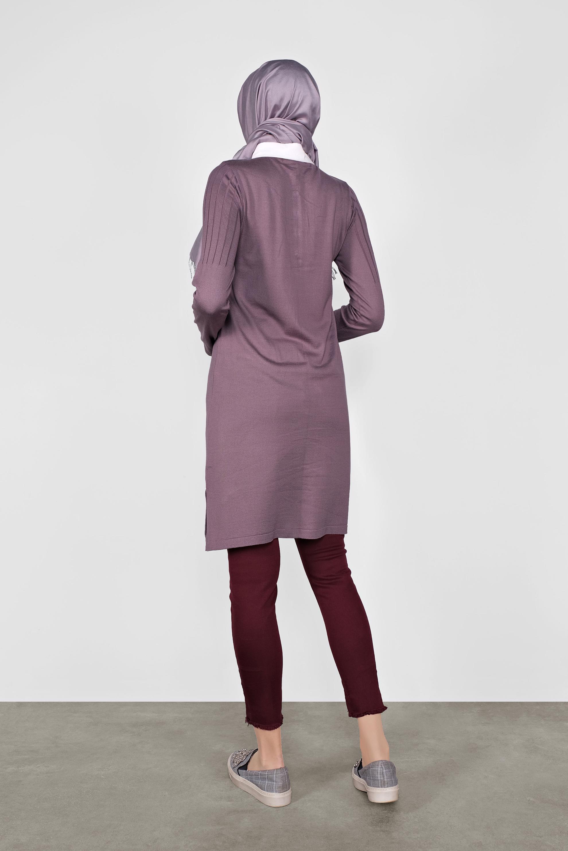Tesettür giyim MOR GÖMLEK YAKA TRİKO TUNİK 41016