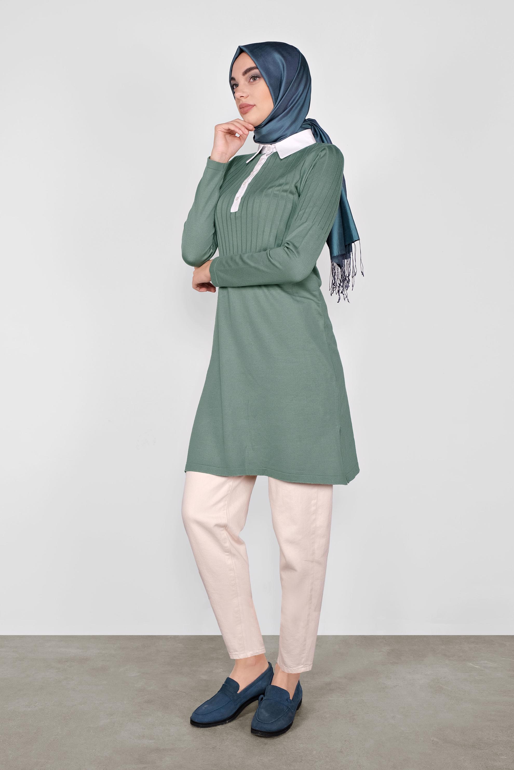 Tesettür giyim YEŞİL GÖMLEK YAKA TRİKO TUNİK 41016