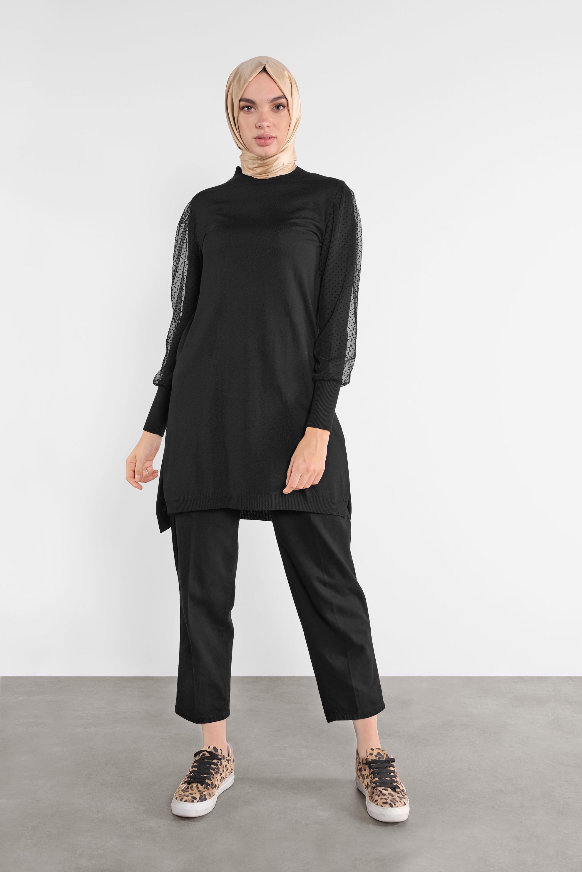 Tesettür giyim SİYAH PUANTİYE TÜL DETAYLI TRİKO TUNİK 41017