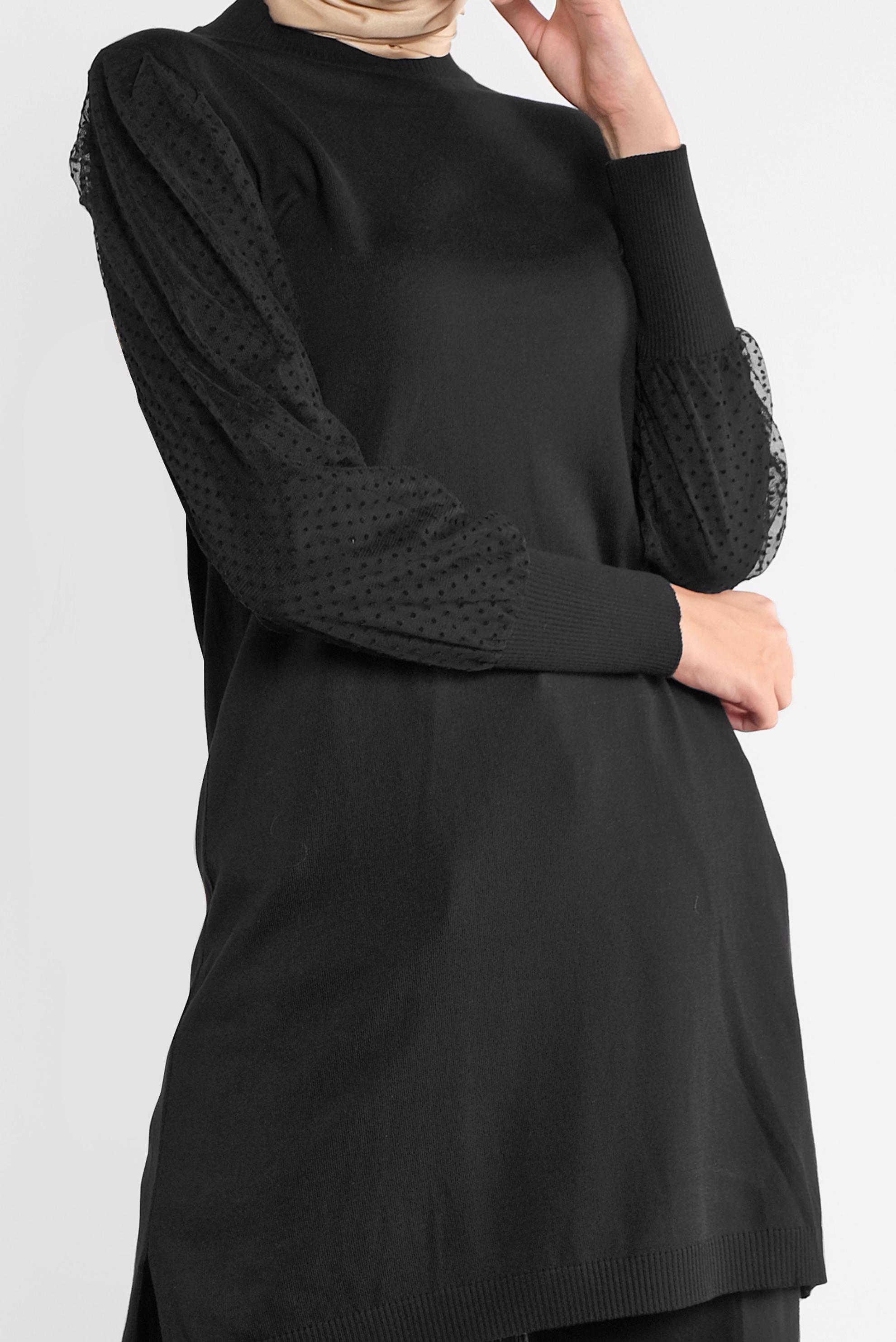 Tesettür giyim SİYAH PUANTİYE TÜL DETAYLI TRİKO TUNİK 41017