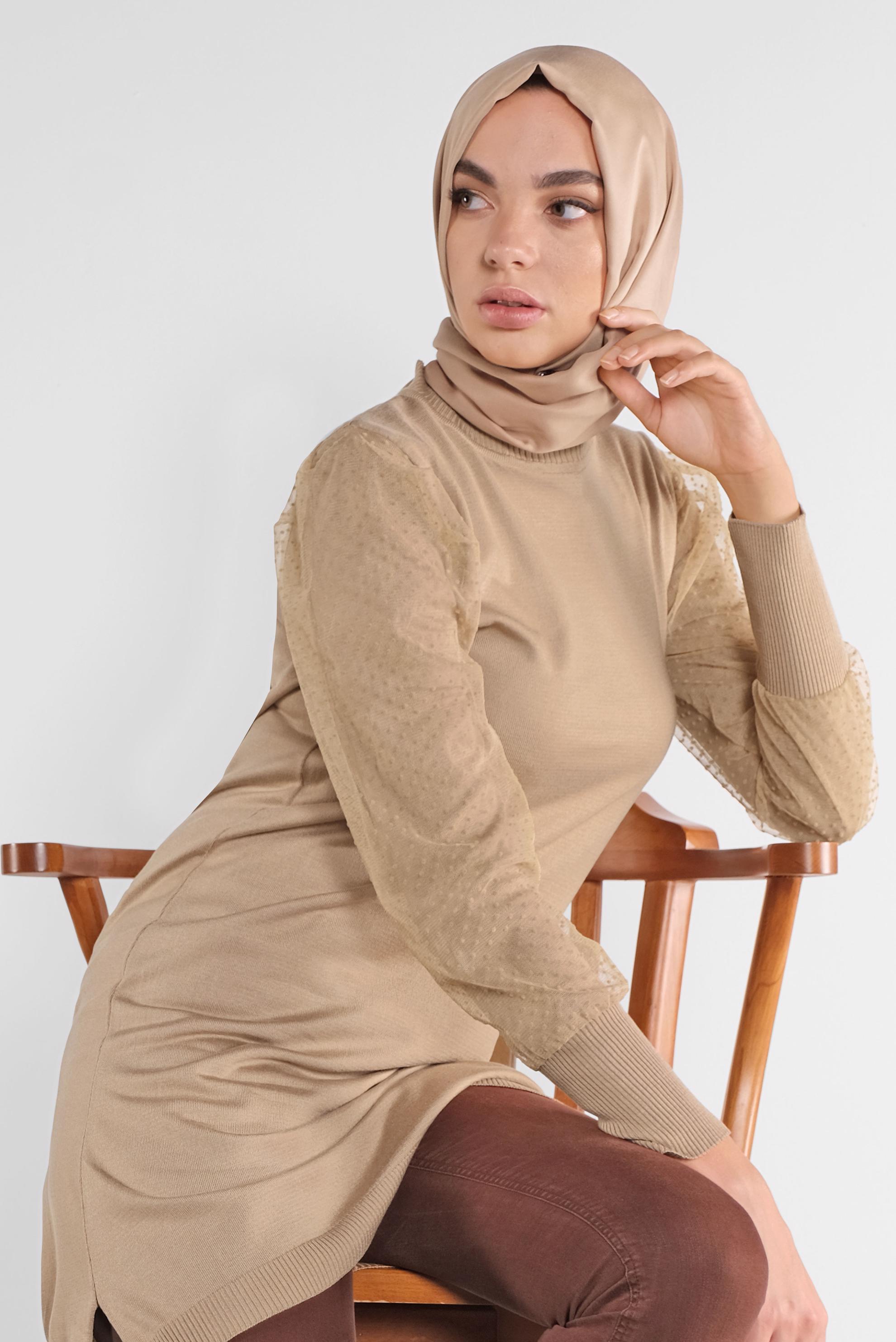 Tesettür giyim KAHVE PUANTİYE TÜL DETAYLI TRİKO TUNİK 41017