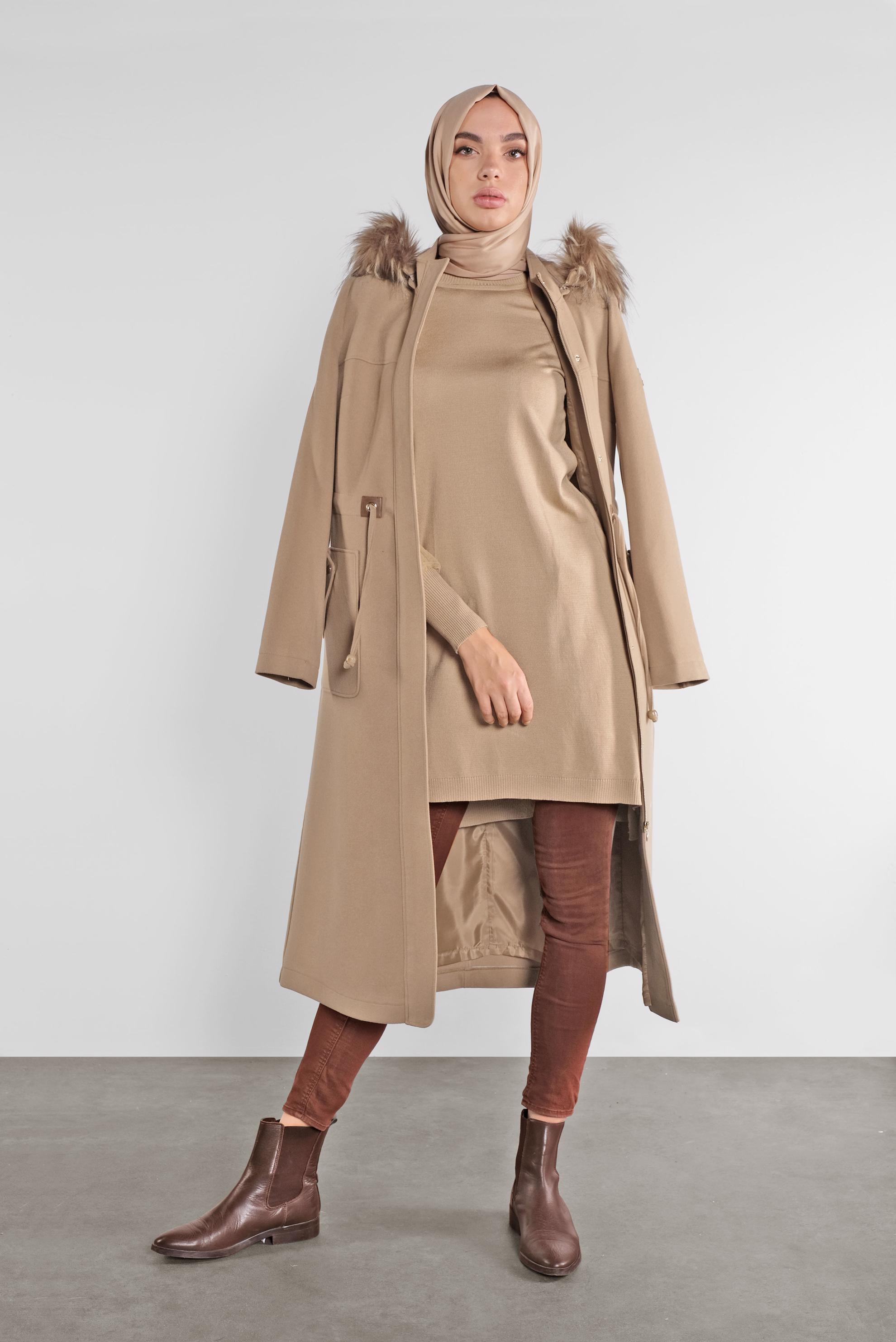 Tesettür giyim KAHVE PUANTİYE TÜL DETAYLI TRİKO TUNİK 41017