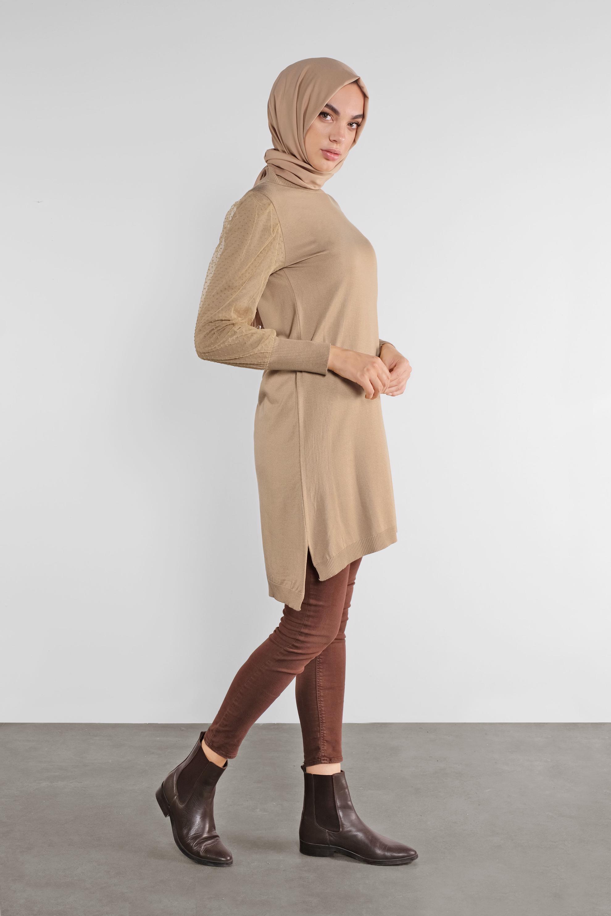 Tesettür giyim KAHVE PUANTİYE TÜL DETAYLI TRİKO TUNİK 41017