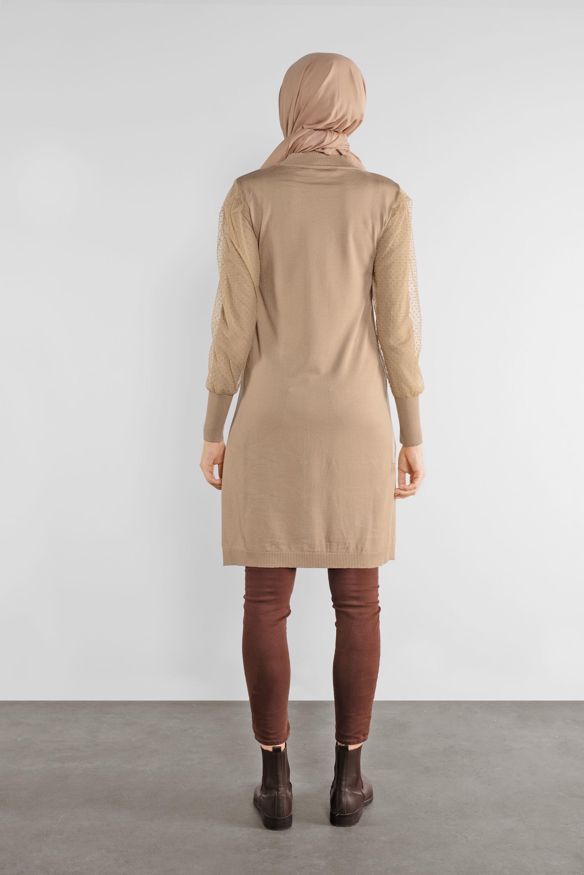 Tesettür giyim KAHVE PUANTİYE TÜL DETAYLI TRİKO TUNİK 41017